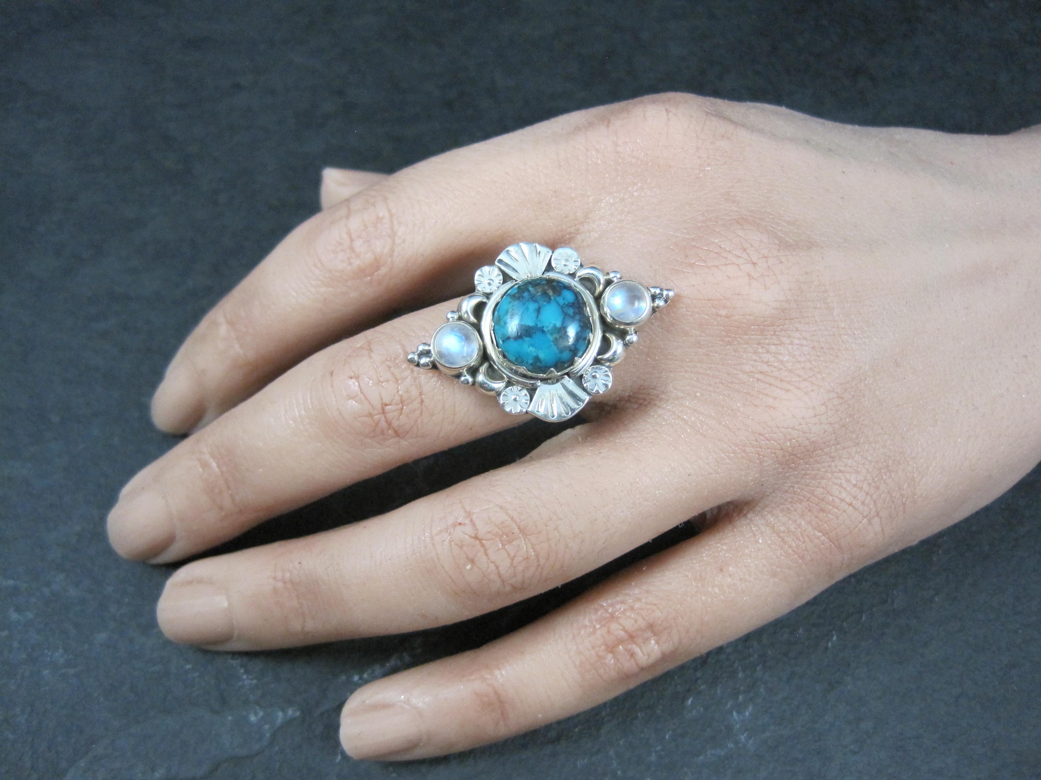 Southwestern Sterling Turquoise and Moonstone Ring Size 7 For Sale 2