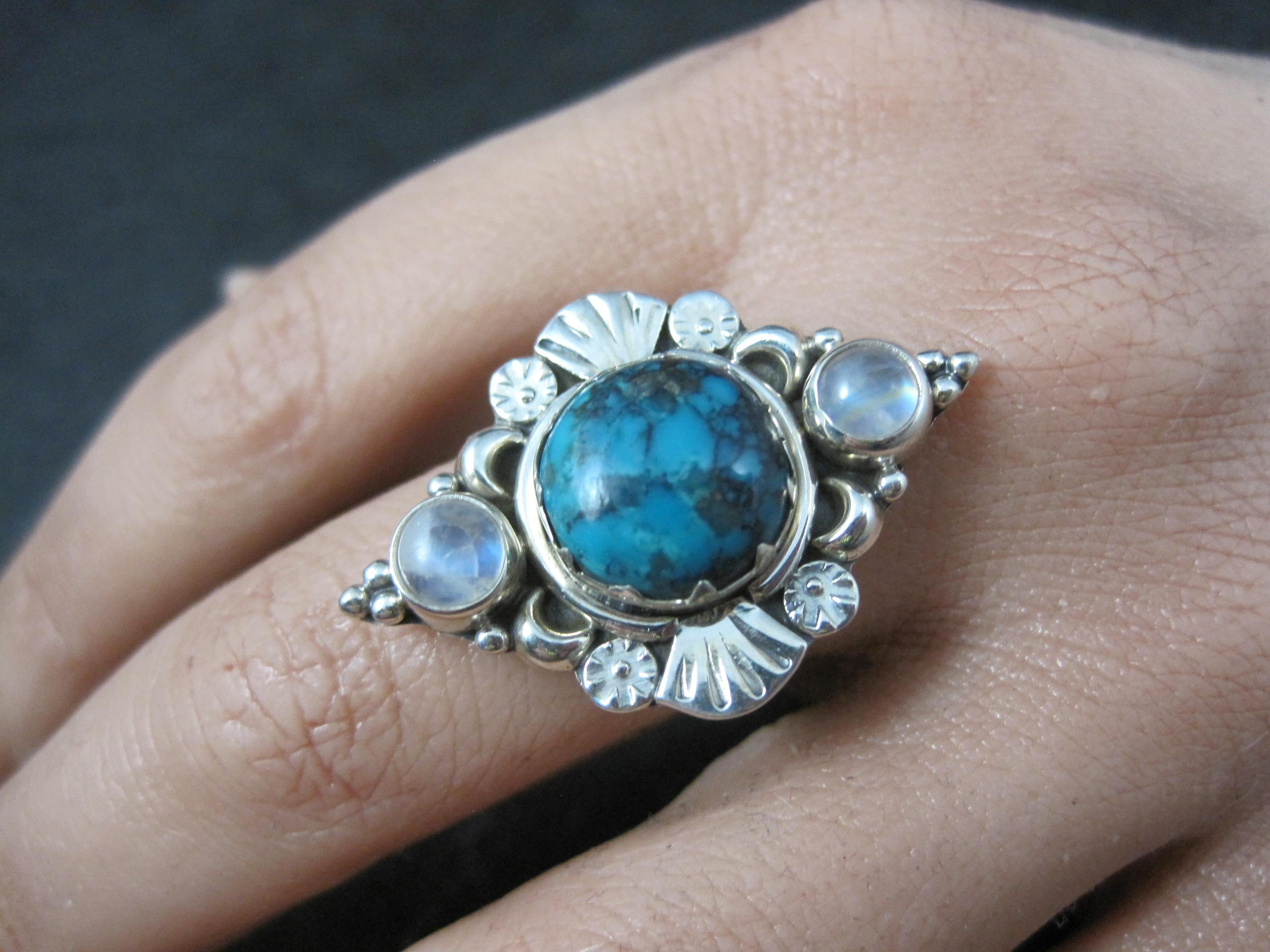 Southwestern Sterling Turquoise and Moonstone Ring Size 7 For Sale 3