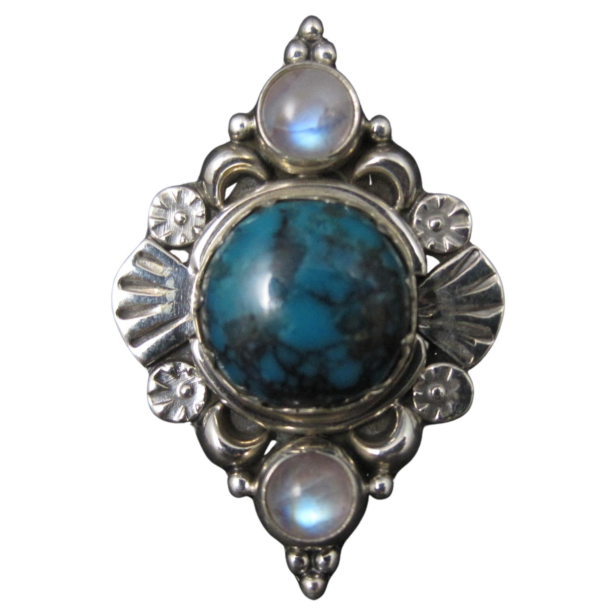 Southwestern Sterling Turquoise and Moonstone Ring Size 7 For Sale