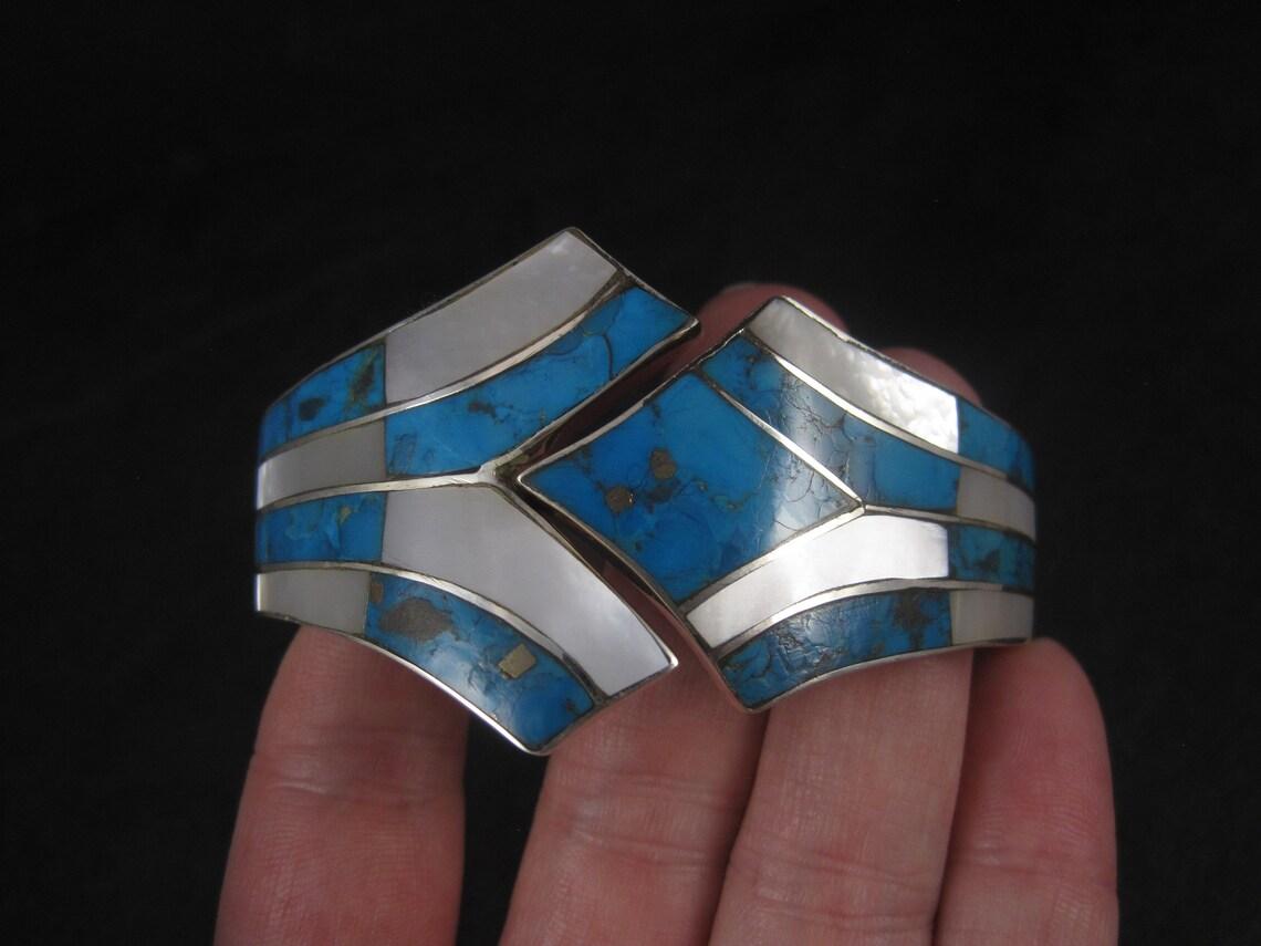 Southwestern Sterling Turquoise Mother of Pearl Clamper Bracelet 6.75