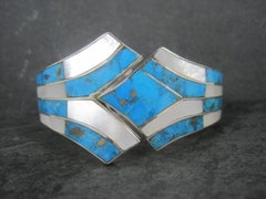 Southwestern Sterling Turquoise Mother of Pearl Clamper Bracelet 6.75"