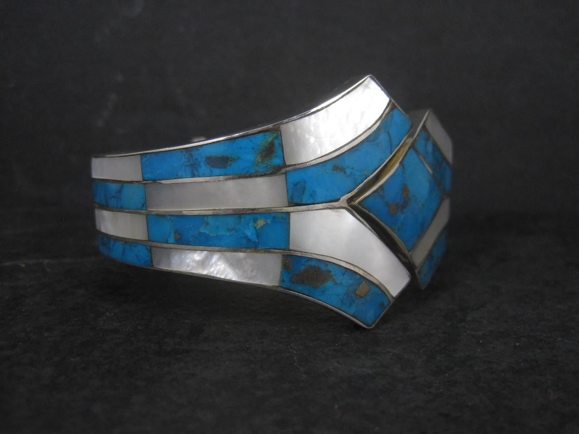 Native American Southwestern Sterling Turquoise Mother of Pearl Clamper Bracelet 6.75