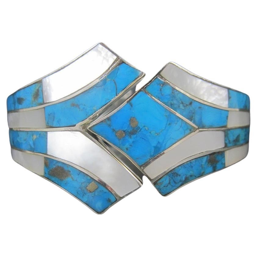Southwestern Sterling Turquoise Mother of Pearl Clamper Bracelet 6.75" For Sale