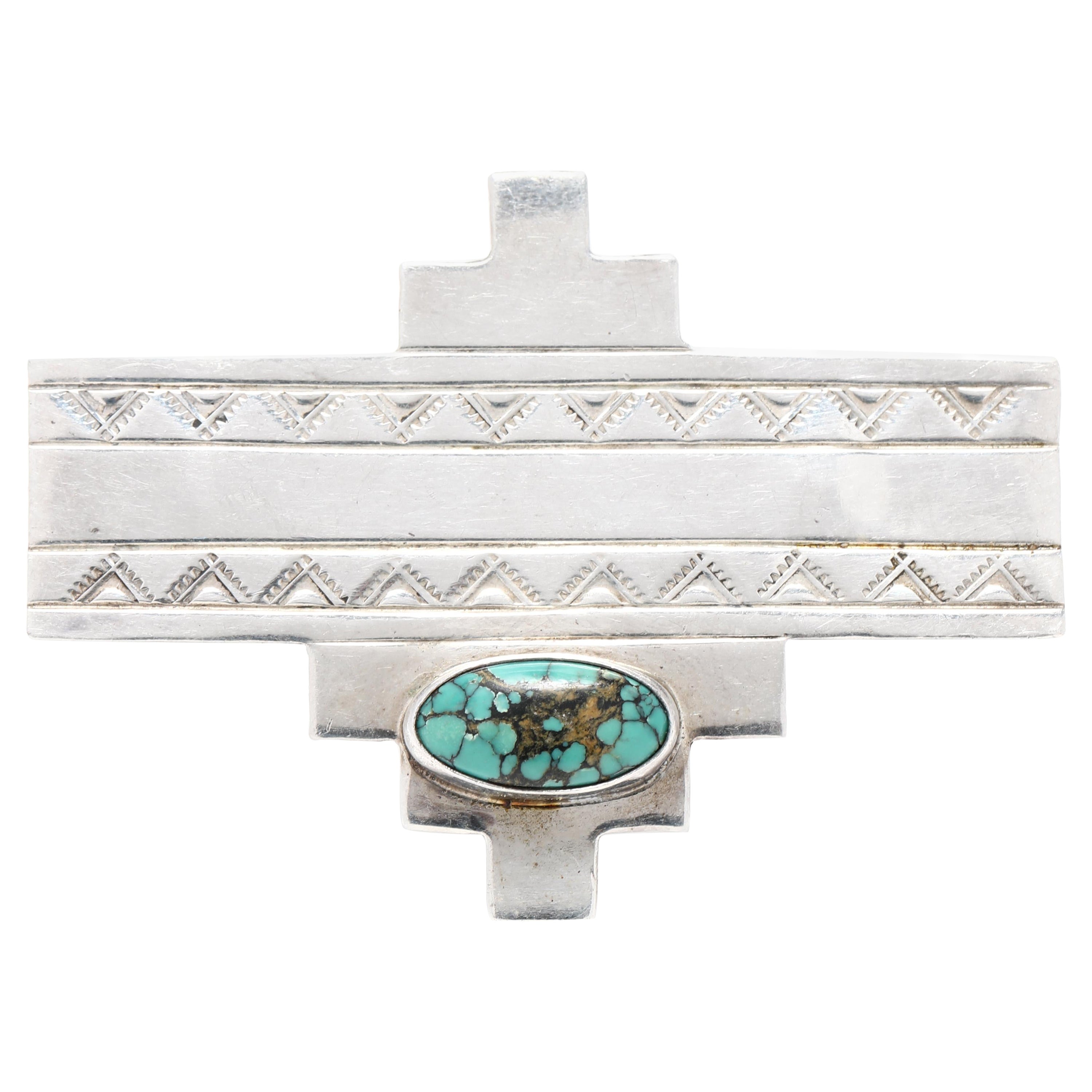 Broche de turquesa del suroeste, plata de ley, geométrico