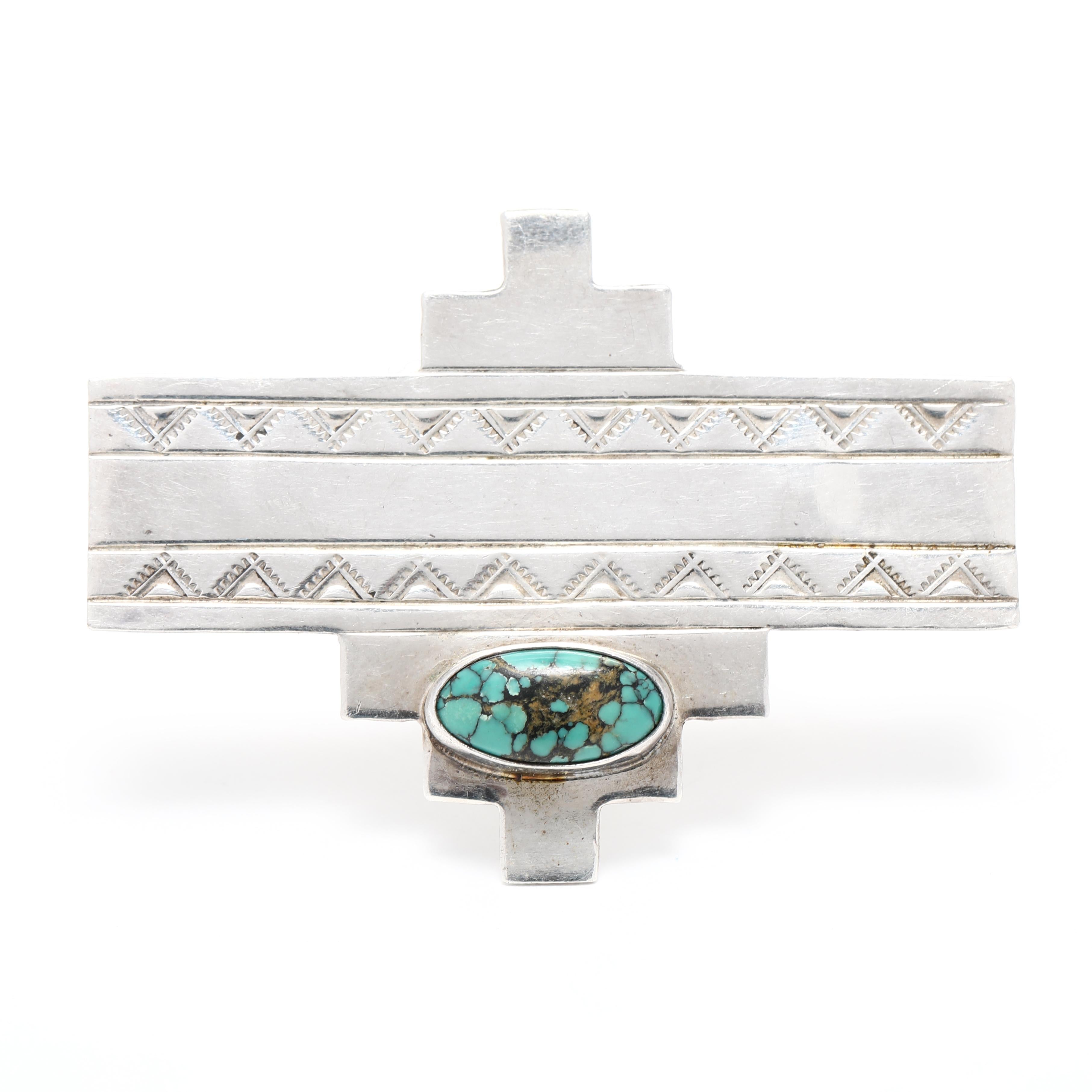 Southwestern Turquoise Brooch, Sterling Silver, Geometric In Good Condition For Sale In McLeansville, NC