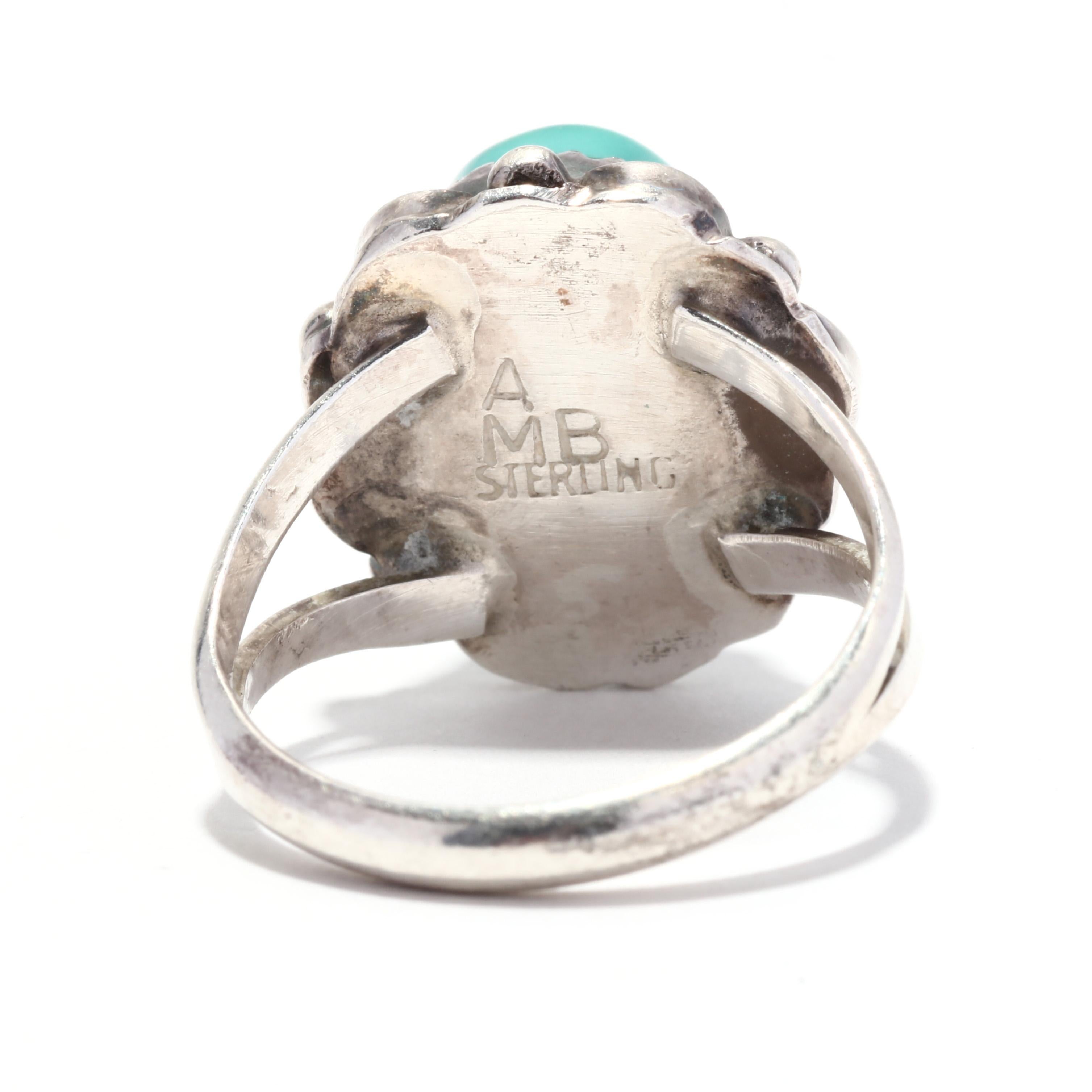 Oval Cut Southwestern Turquoise Ring, Sterling Silver, Ring Size 6, Turquoise Flower Ring For Sale