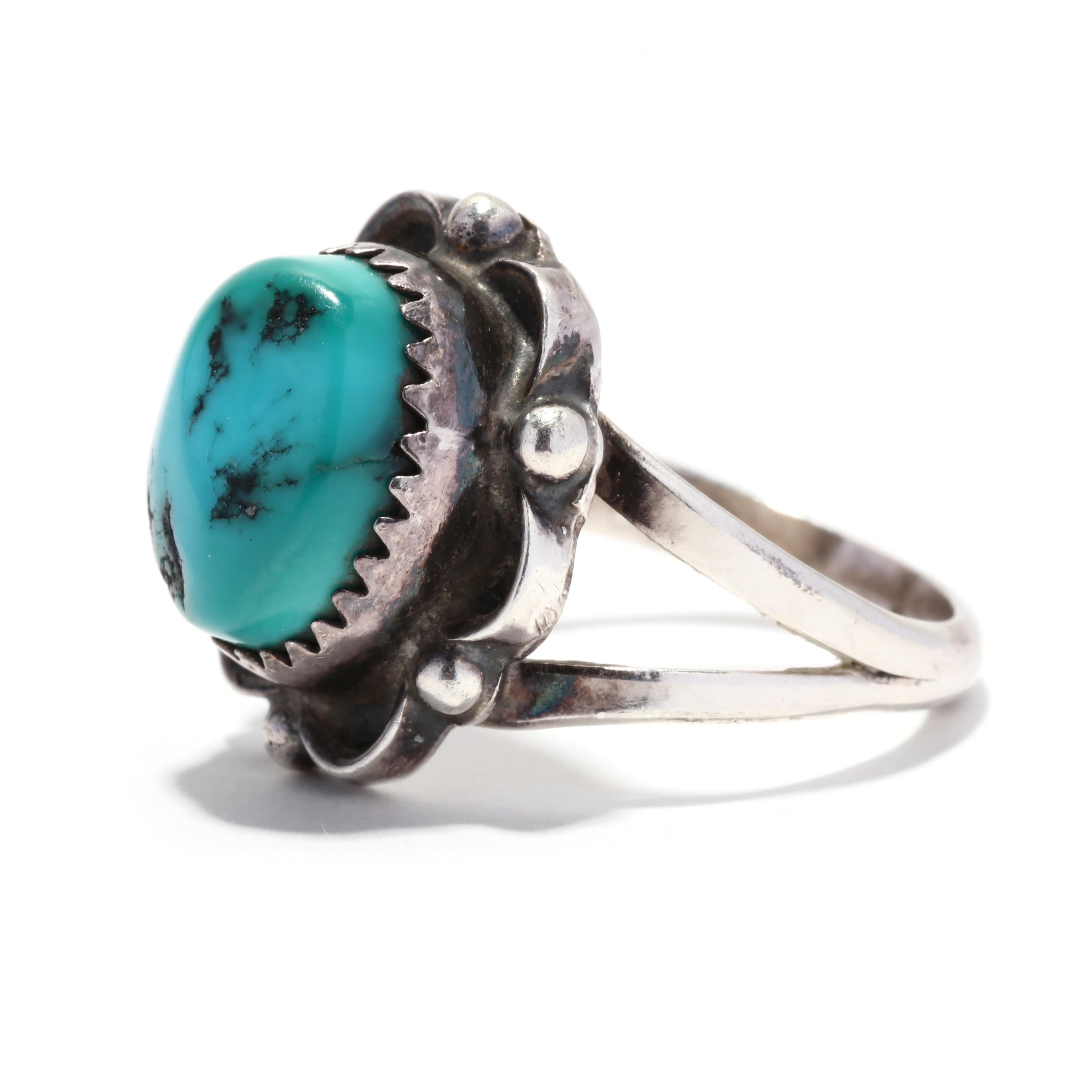 Southwestern Turquoise Ring, Sterling Silver, Ring Size 6, Turquoise Flower Ring In Good Condition For Sale In McLeansville, NC