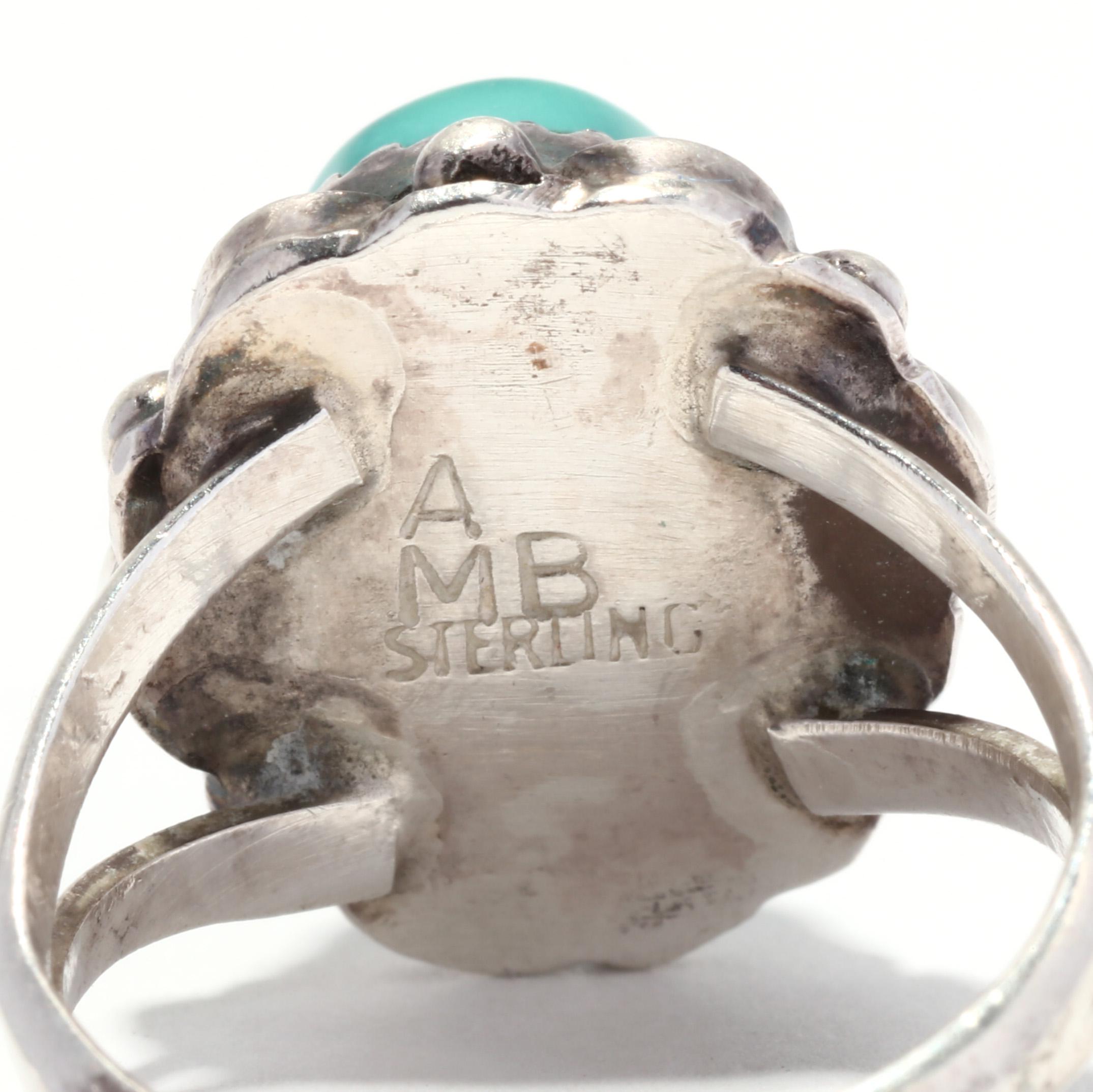 Women's or Men's Southwestern Turquoise Ring, Sterling Silver, Ring Size 6, Turquoise Flower Ring For Sale