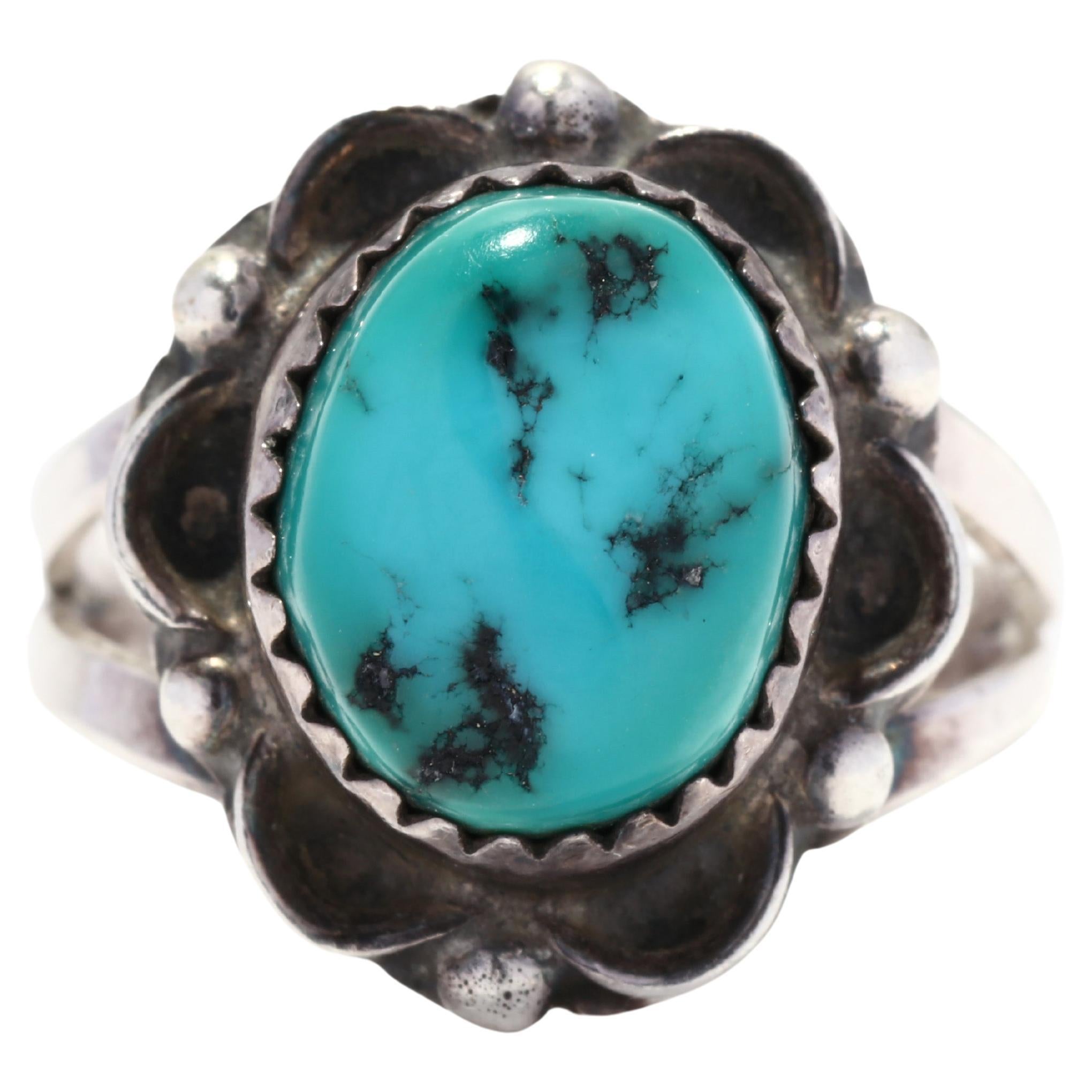 Southwestern Turquoise Ring, Sterling Silver, Ring Size 6, Turquoise Flower Ring For Sale