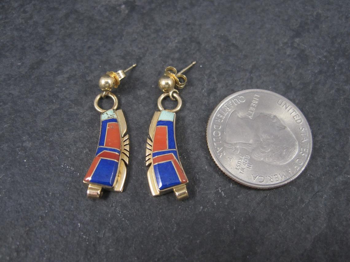 Mixed Cut Southwestern Vintage 14K Inlay Earrings For Sale