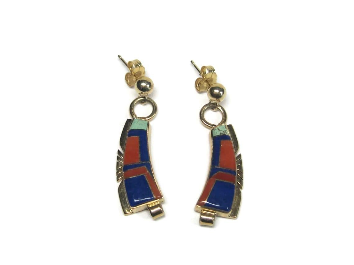 Southwestern Vintage 14K Inlay Earrings In Excellent Condition For Sale In Webster, SD