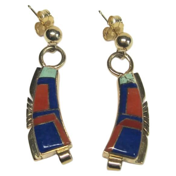 Southwestern Vintage 14K Turquoise Lapis Coral Inlay Earrings