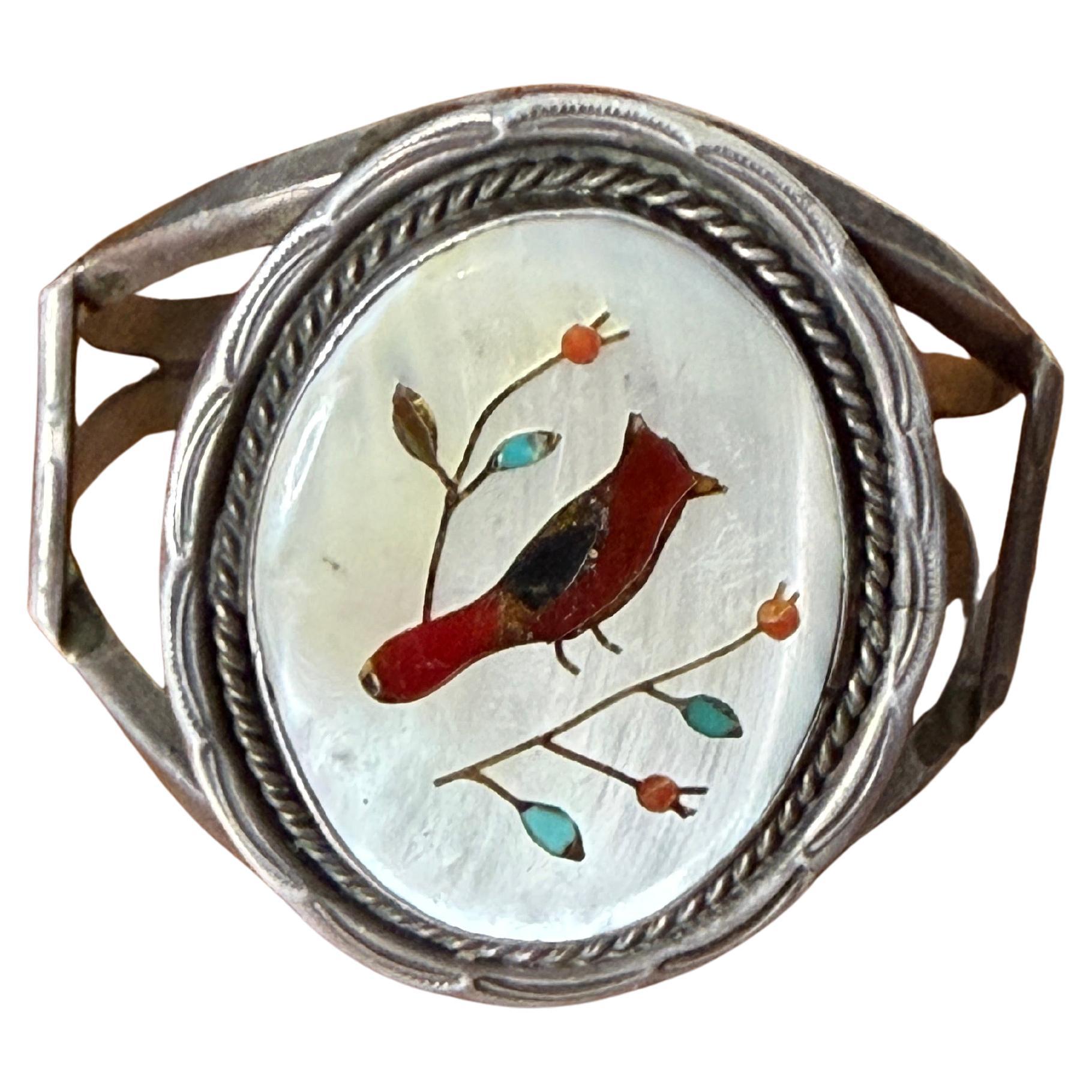 Inlaid Turquoise Coral Cuff Bracelet 1960s Native American Southwestern Zuni For Sale