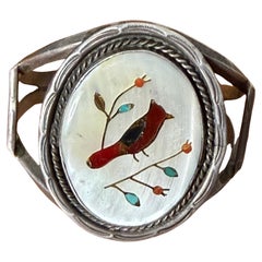 Inlaid Turquoise Coral Cuff Bracelet 1960s Native American Southwestern Zuni