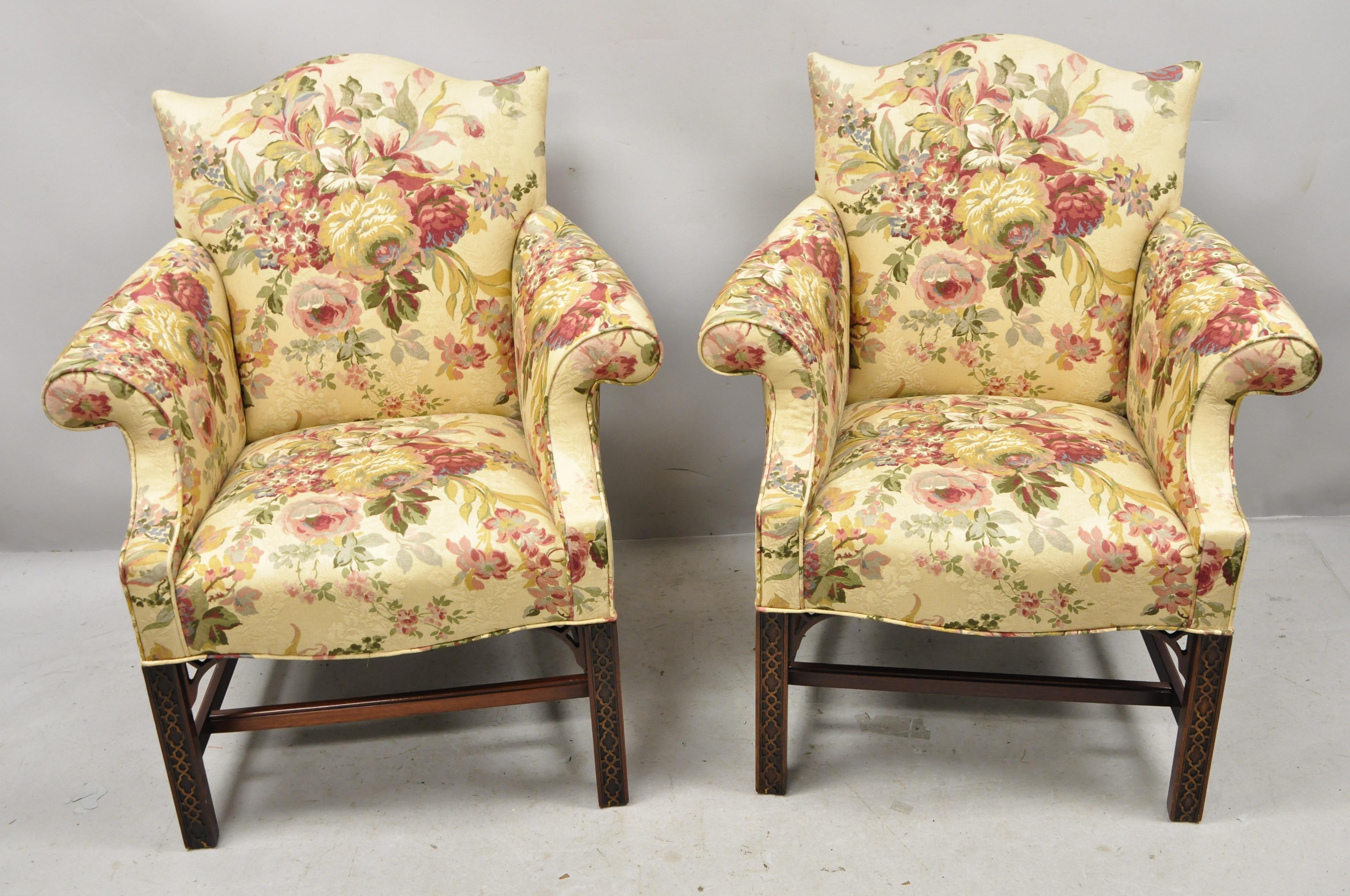 Southwood Chinese Chippendale Carved Fretwork Legs Lounge Armchairs, a Pair 3