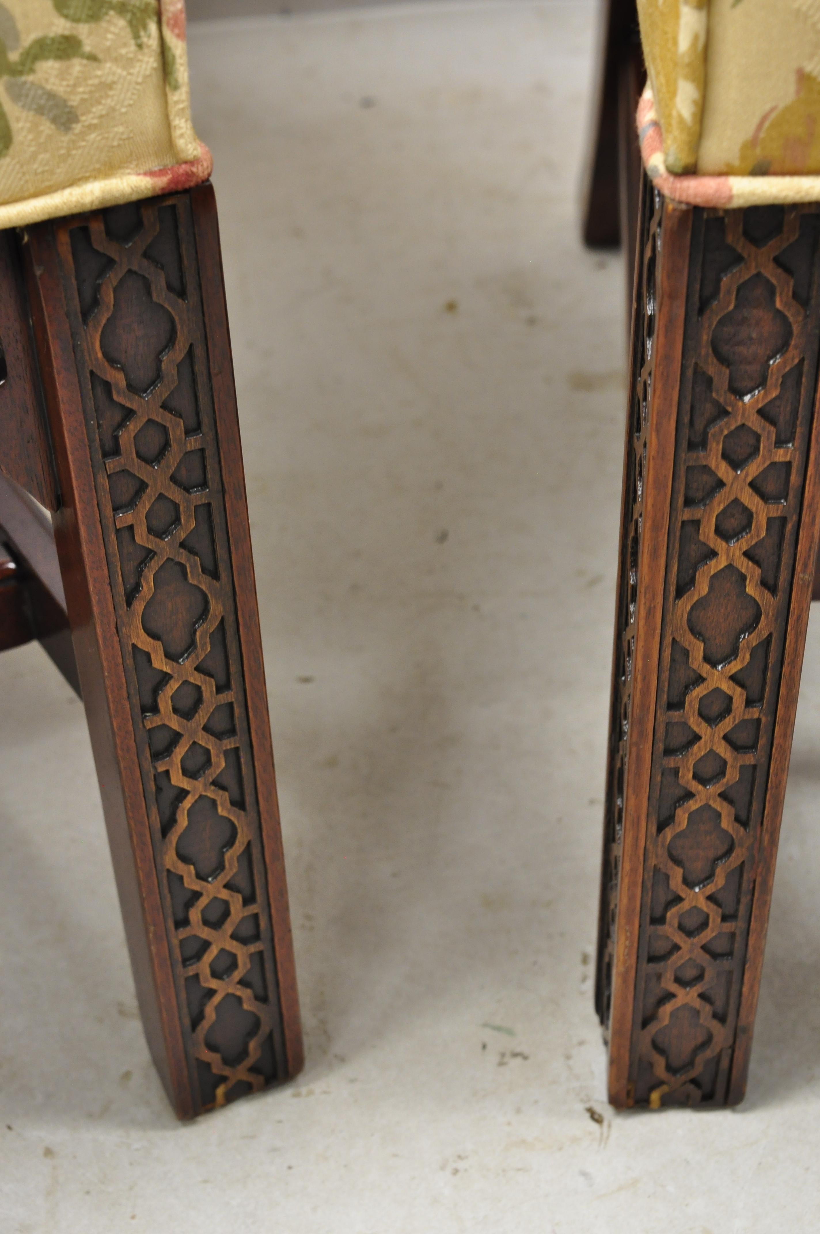 North American Southwood Chinese Chippendale Carved Fretwork Legs Lounge Armchairs, a Pair