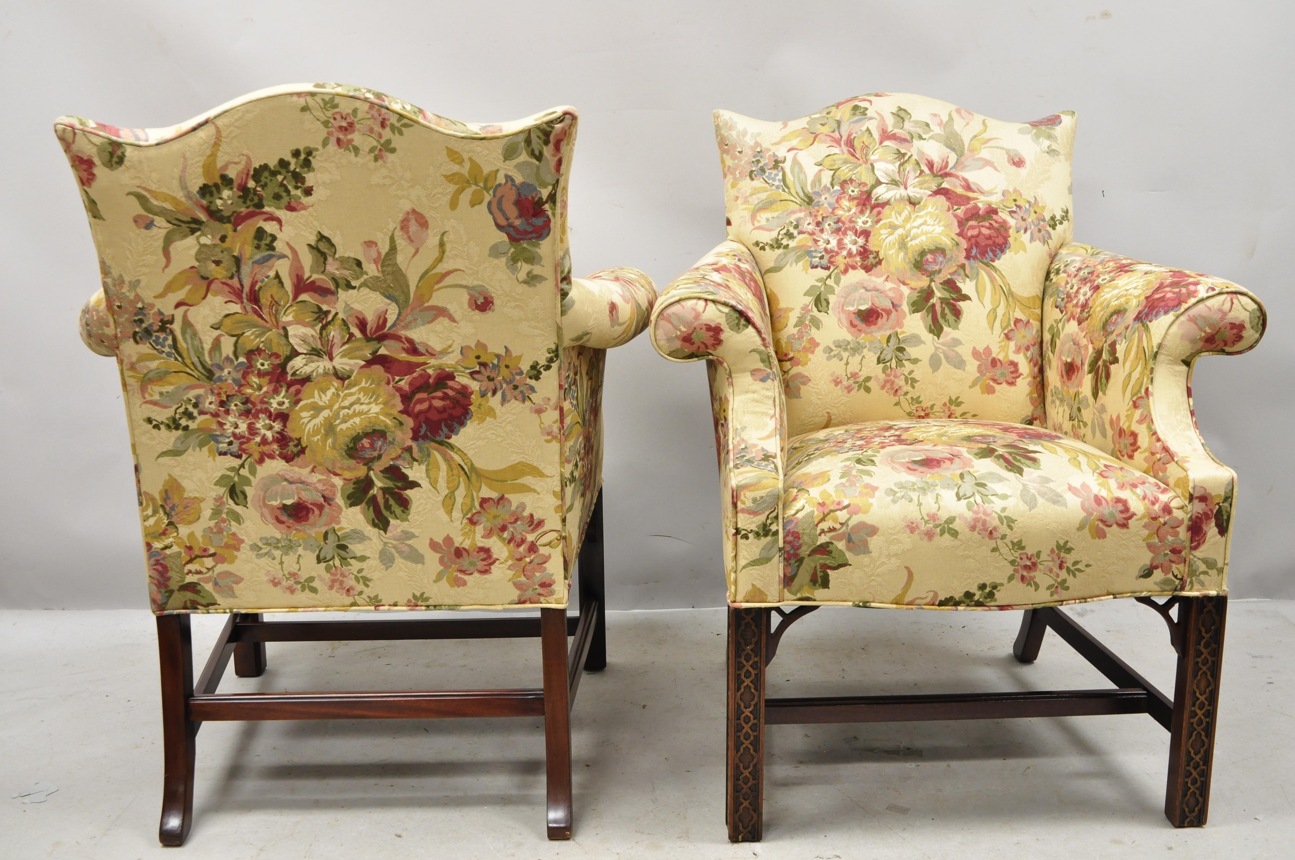 20th Century Southwood Chinese Chippendale Carved Fretwork Legs Lounge Armchairs, a Pair