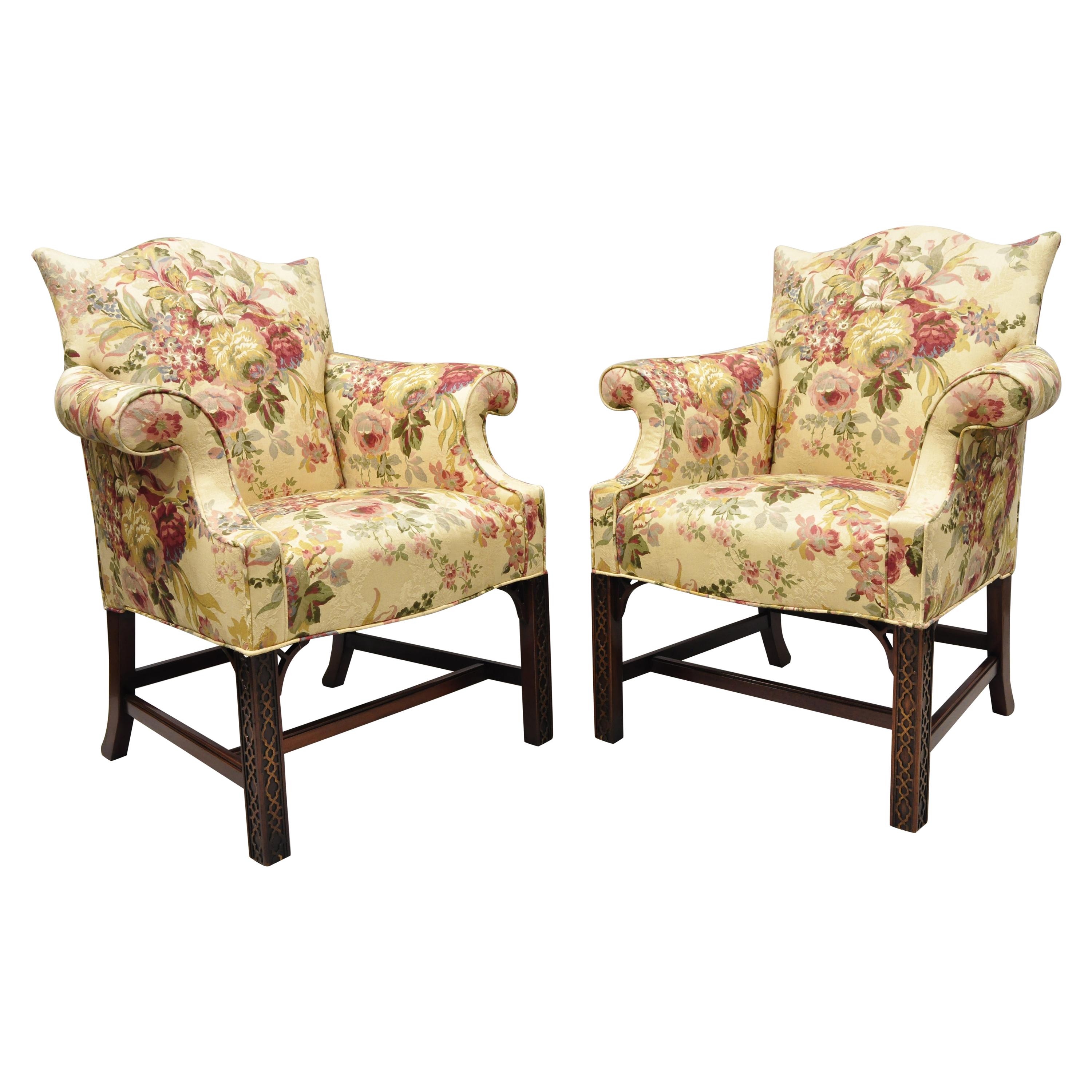 Southwood Chinese Chippendale Carved Fretwork Legs Lounge Armchairs, a Pair