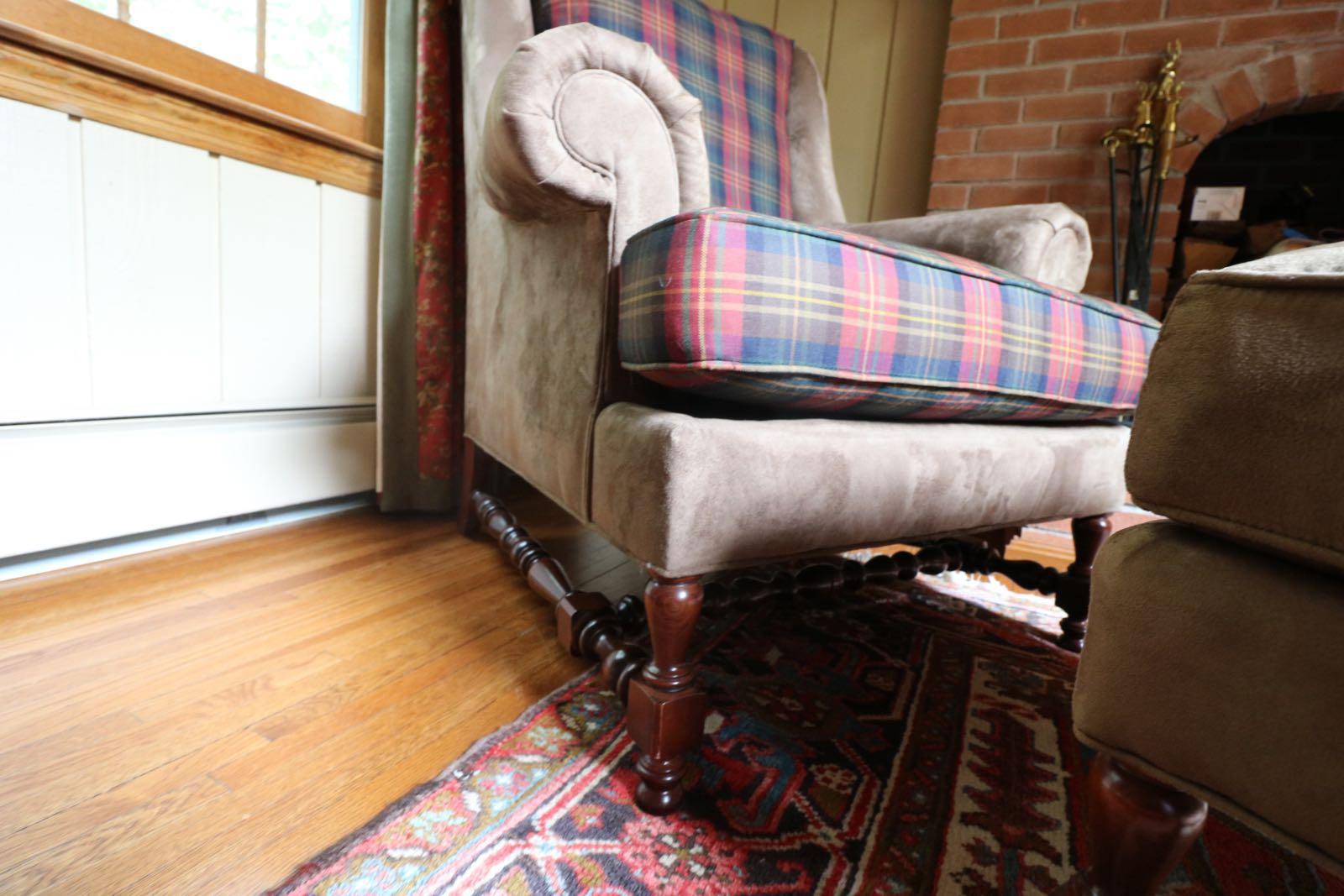 Southwood & Co. Tight Back Wing Armchair Plaid Ultra Suede Armchair and Ottoman In Good Condition In Westport, CT