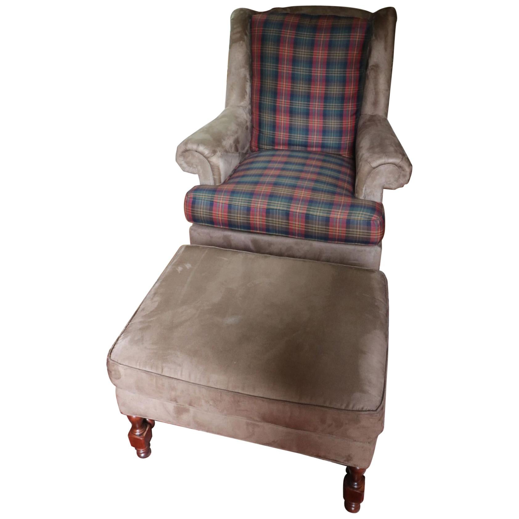Southwood & Co. Tight Back Wing Armchair Plaid Ultra Suede Armchair and Ottoman