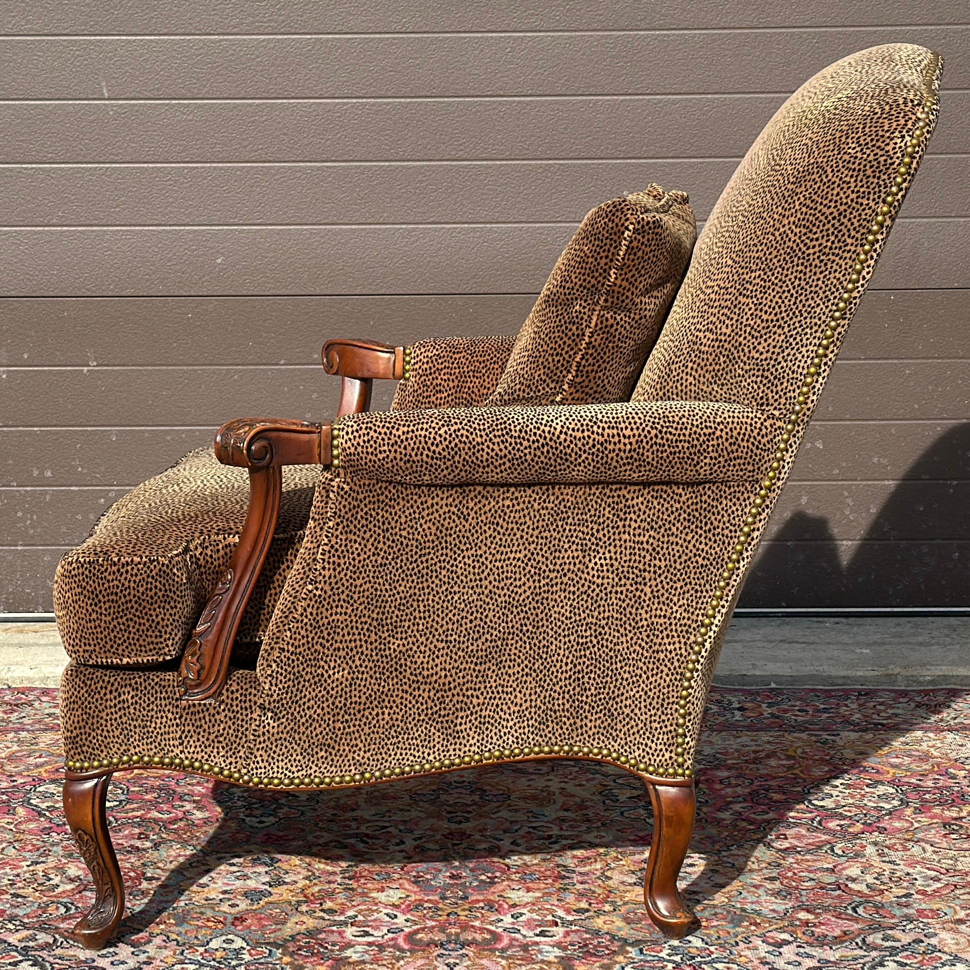 Southwood French Bergere Chair in Cheetah Print Velvet With Brass Tack Trim 5