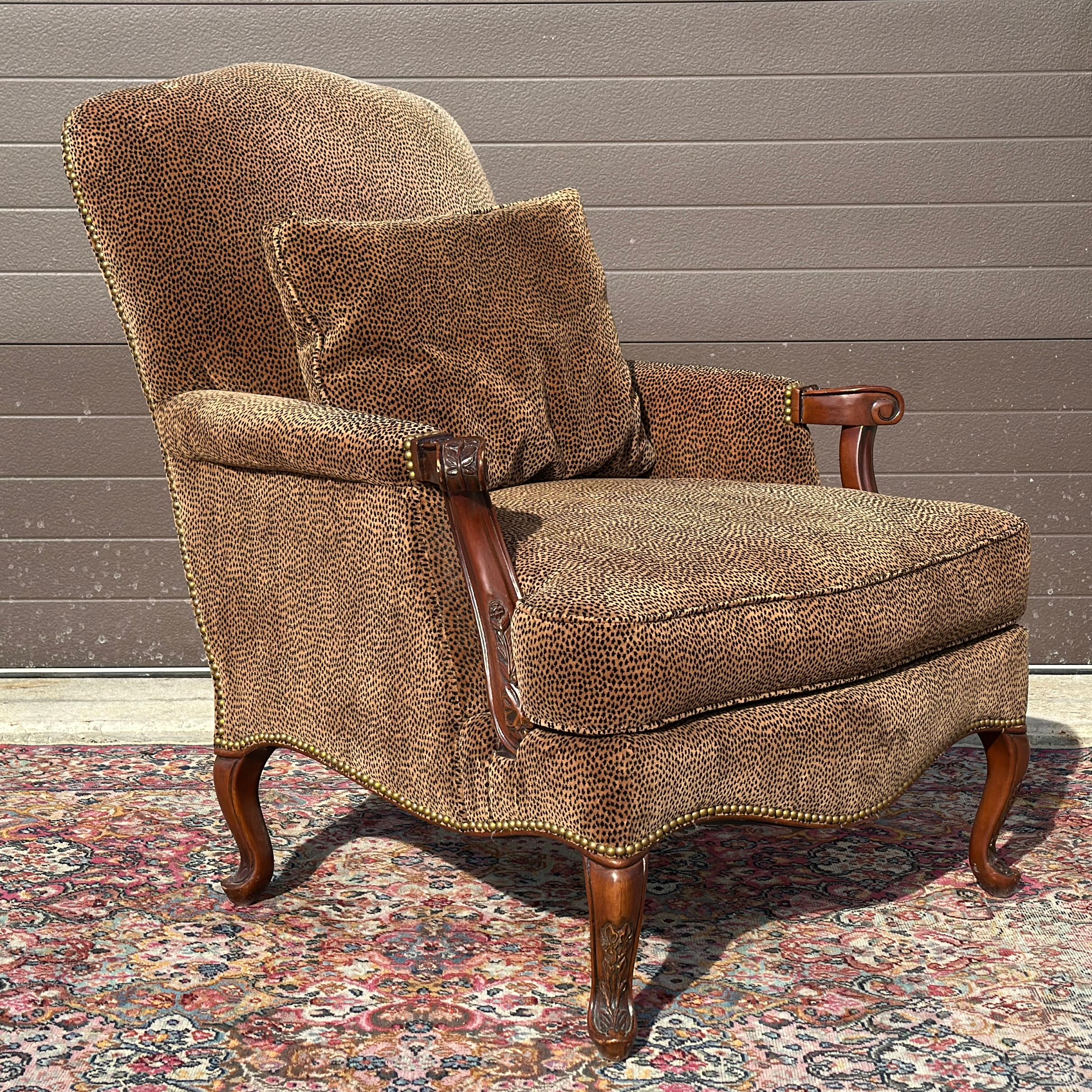 Southwood French Bergere Chair in Cheetah Print Velvet With Brass Tack Trim 6