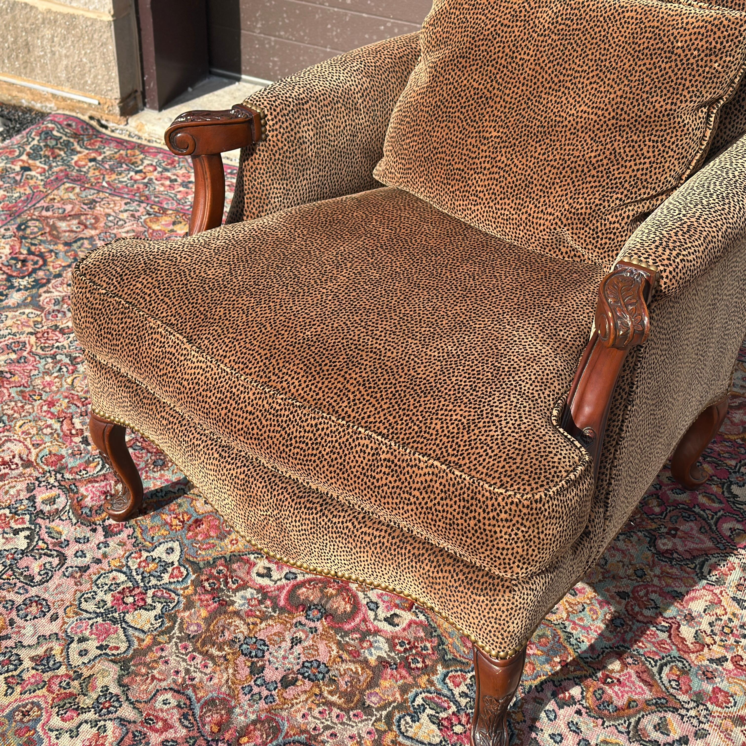 French Provincial Southwood French Bergere Chair in Cheetah Print Velvet With Brass Tack Trim