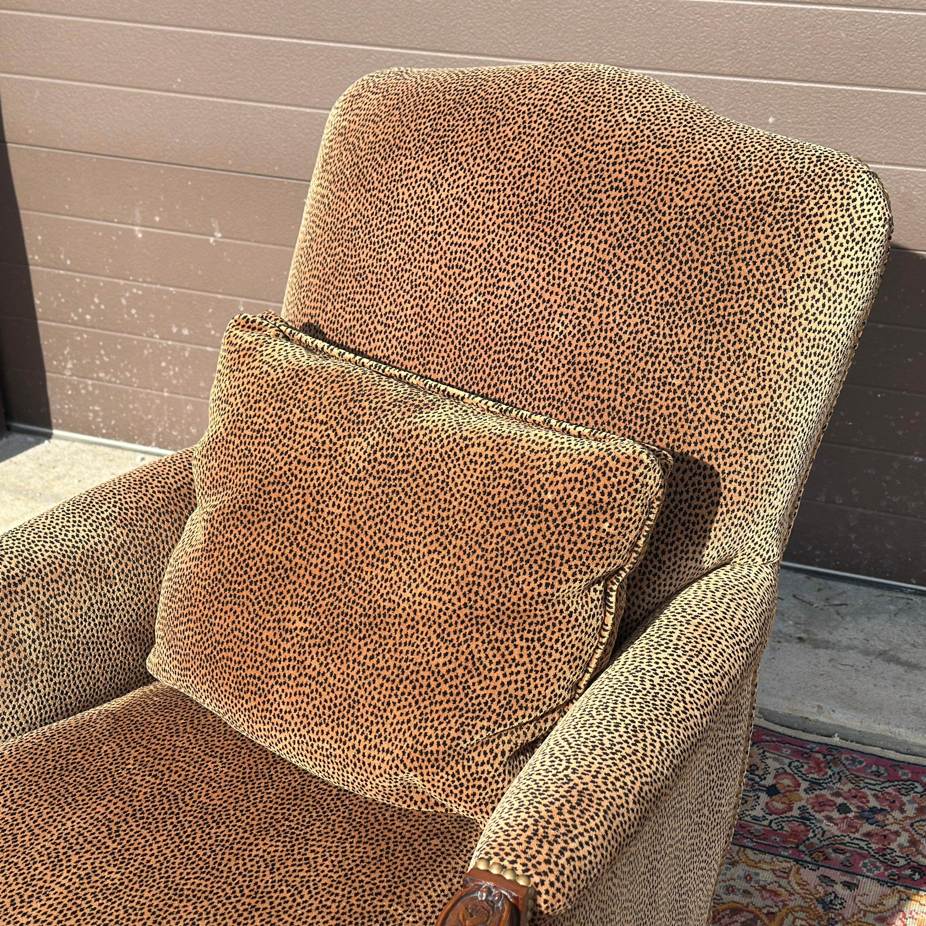 American Southwood French Bergere Chair in Cheetah Print Velvet With Brass Tack Trim