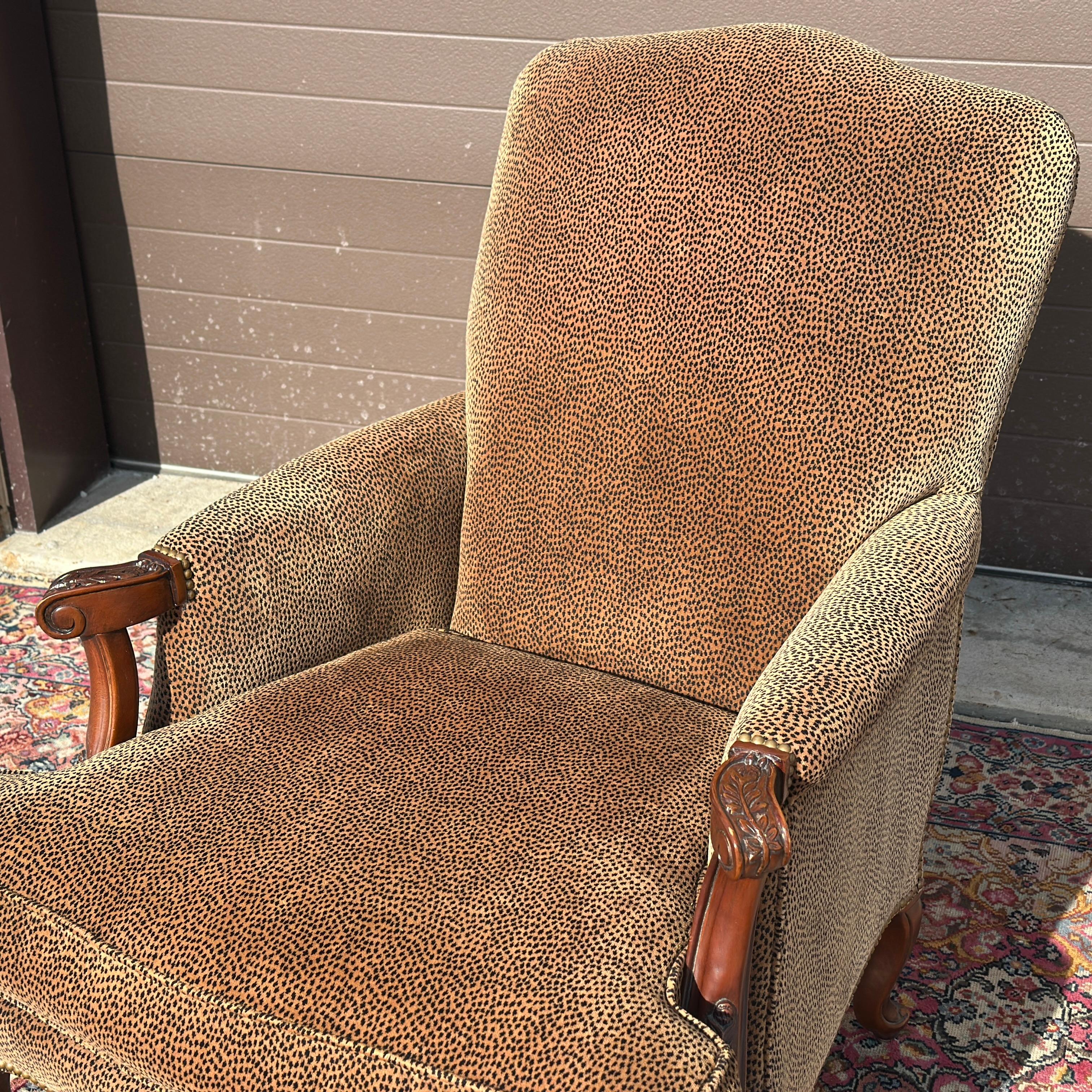 Hand-Carved Southwood French Bergere Chair in Cheetah Print Velvet With Brass Tack Trim