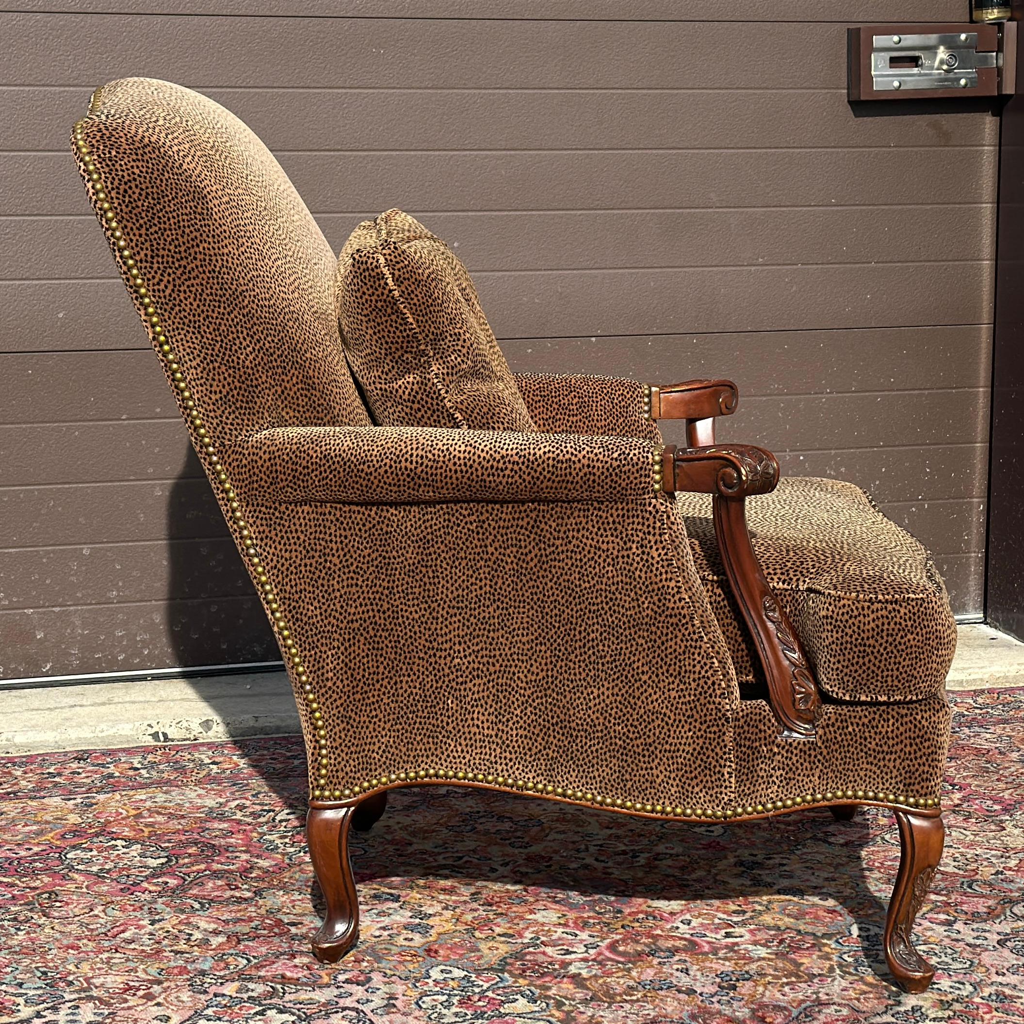 Southwood French Bergere Chair in Cheetah Print Velvet With Brass Tack Trim In Good Condition In West Chester, PA