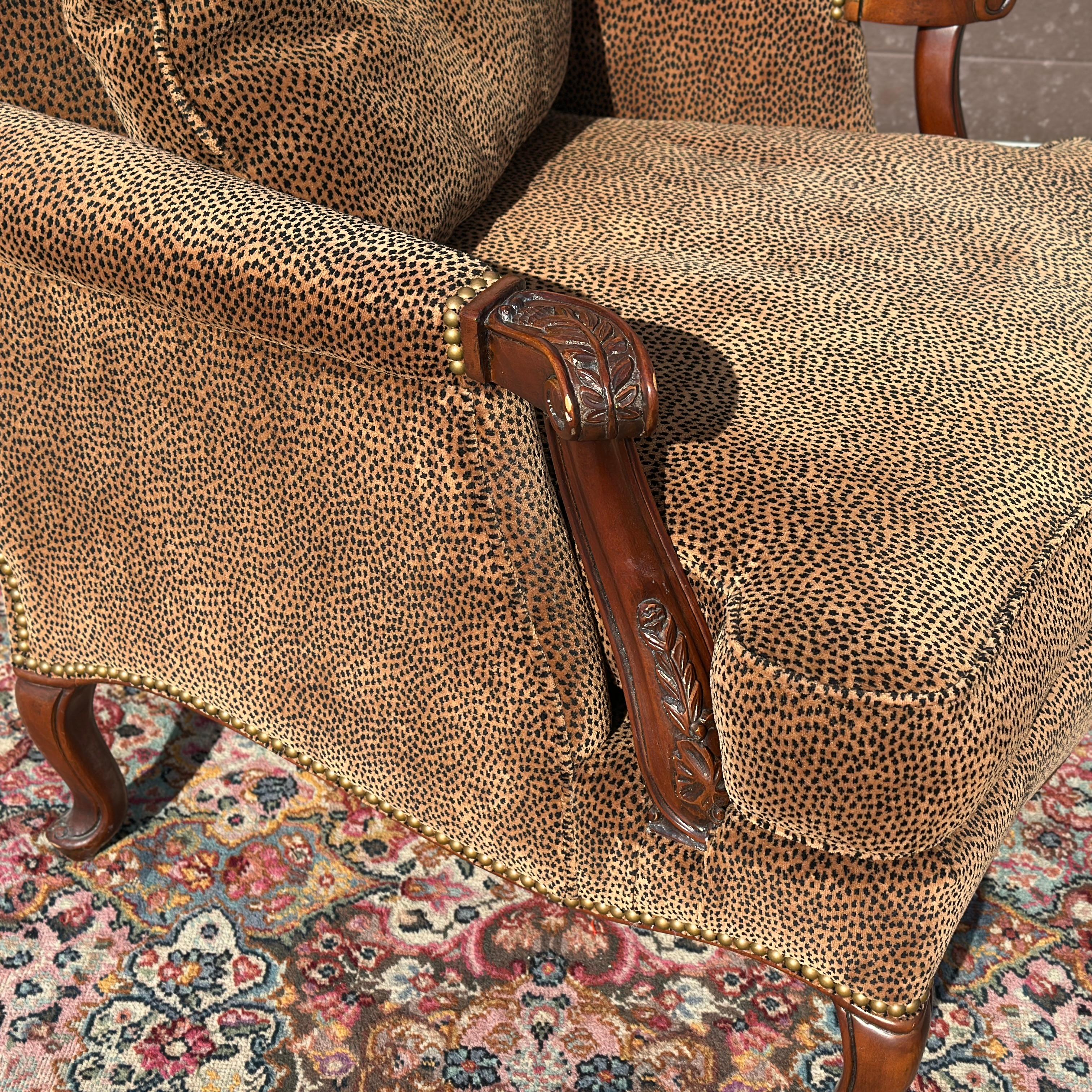 Contemporary Southwood French Bergere Chair in Cheetah Print Velvet With Brass Tack Trim