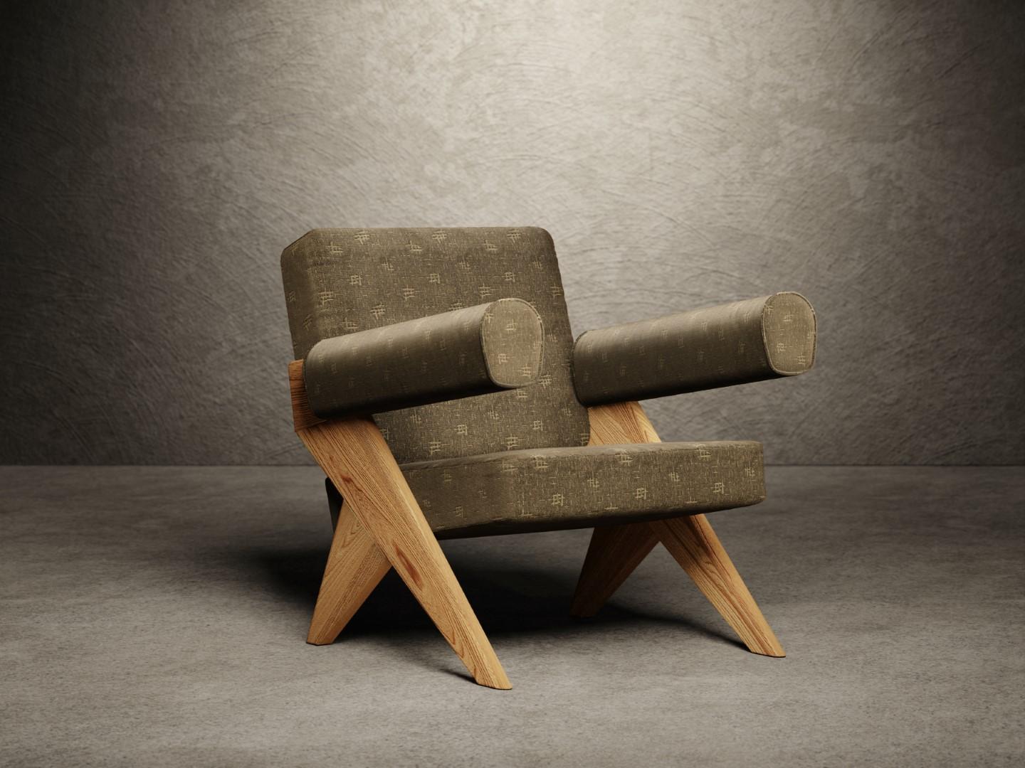 Souvenir armchair is composed of two structural sides in sandblasted Elm wood finished with a matte lacquer, natural or dark. 
The seat and backrest are padded with polyurethane foam and entirely covered in fabric or leather.

This configuration of