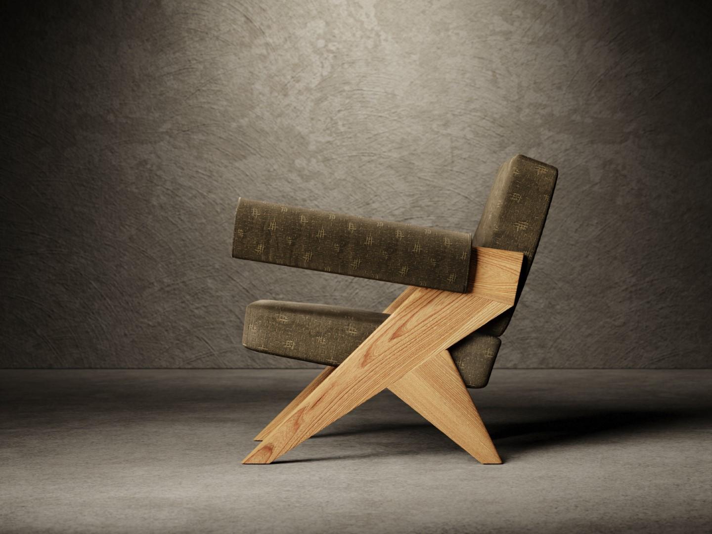 Souvenir-Sessel aus natürlichem Ulmenholz – Rattoppato aus strukturiertem Samt (Moderne der Mitte des Jahrhunderts) im Angebot