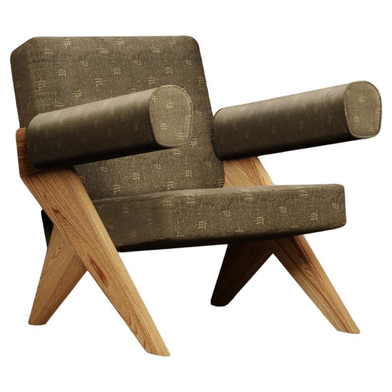 Souvenir Armchair Natural Elm Wood - Textured Velvet Rattoppato For Sale