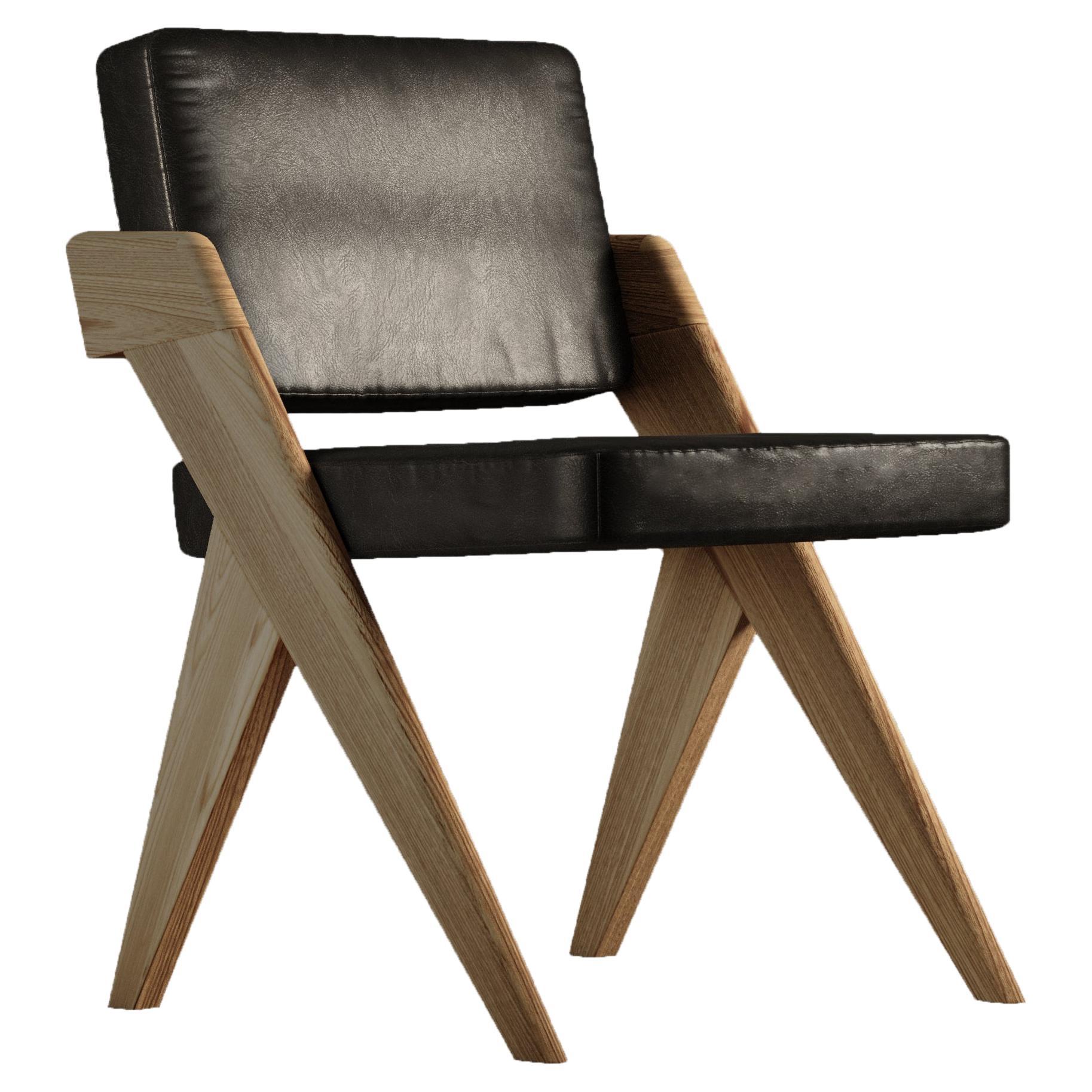 Souvenir Armless Chair Natural Elm Wood and Black Leather For Sale