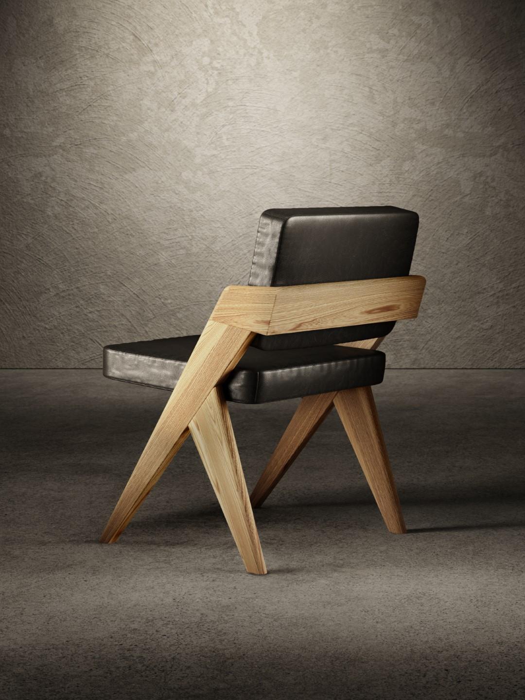 Italian Souvenir Armless Chair Natural Elm Wood and Black Leather For Sale