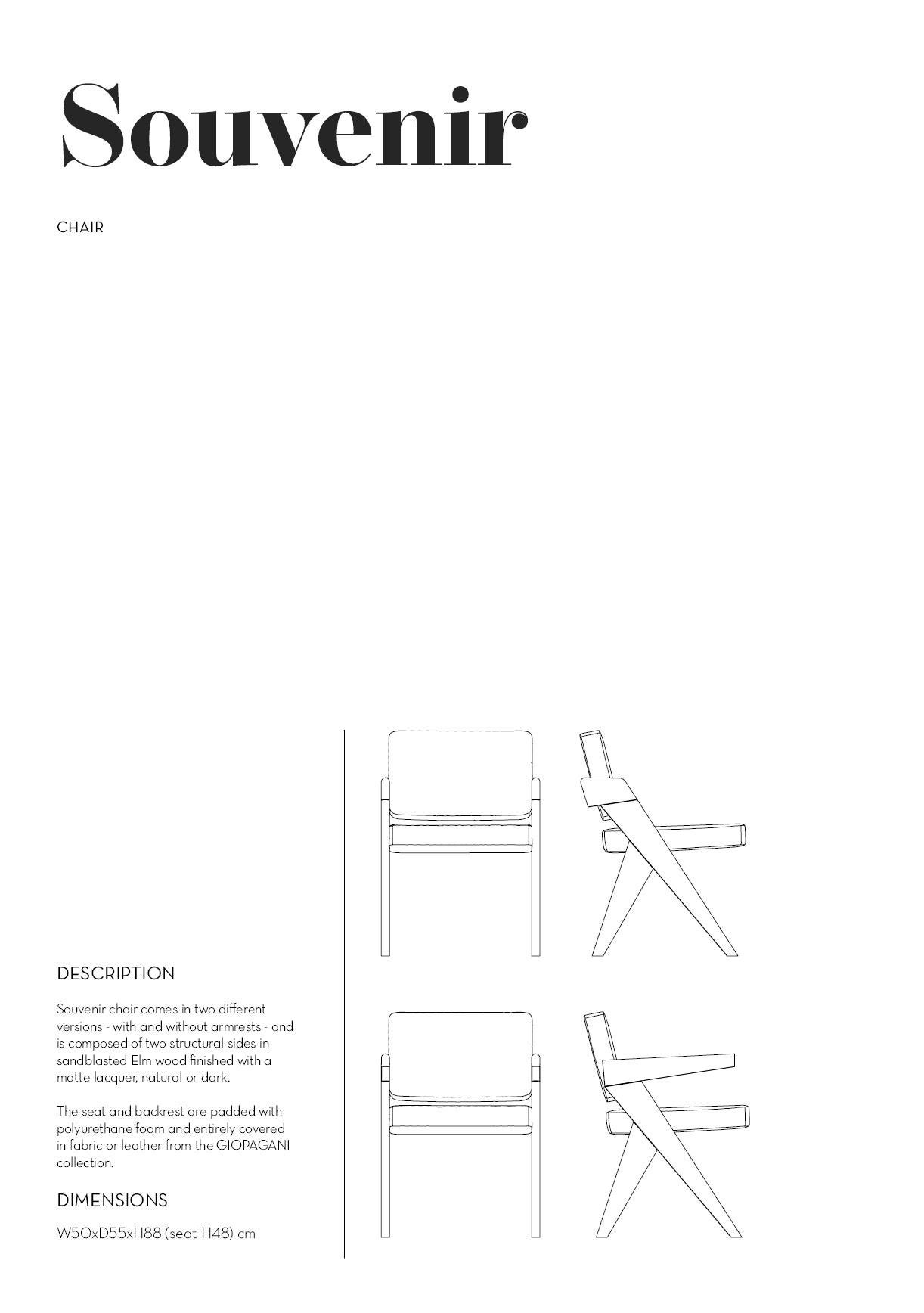 Souvenir Armless Chair Natural Elm Wood and Matelassé Fabric For Sale 3