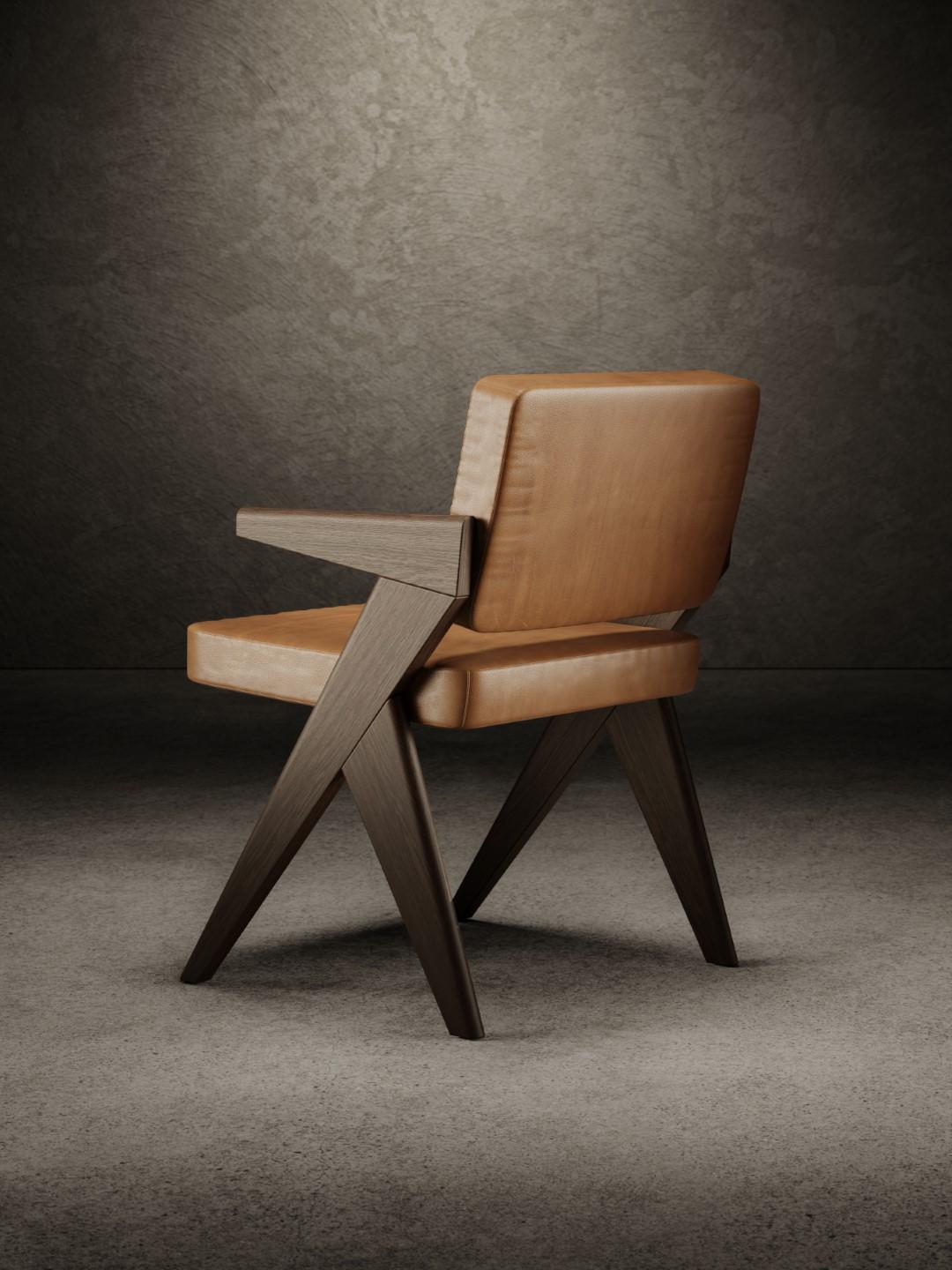 La chaise Souvenir existe en deux versions différentes - avec et sans accoudoirs - et se compose de deux côtés structurels en bois d'orme sablé, finis avec une laque mate, naturelle ou foncée. 
L'assise et le dossier sont rembourrés de mousse de
