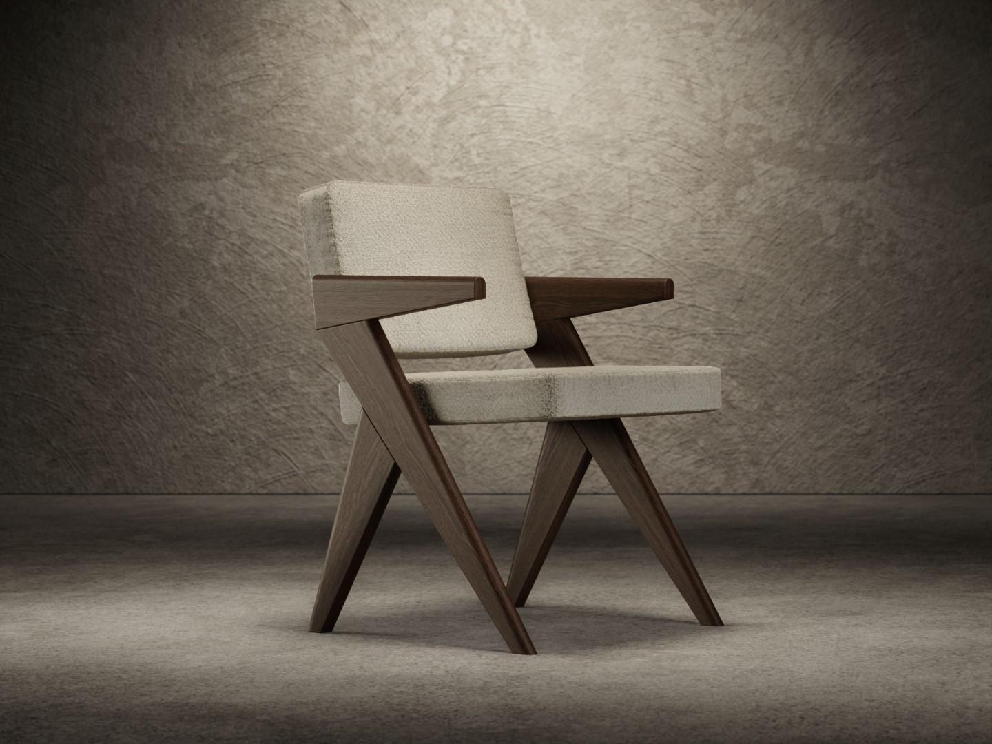 Souvenir chair comes in two different versions - with and without armrests - and is composed of two structural sides in sandblasted Elm wood finished with a matte lacquer, natural or dark. 
The seat and backrest are padded with polyurethane foam and