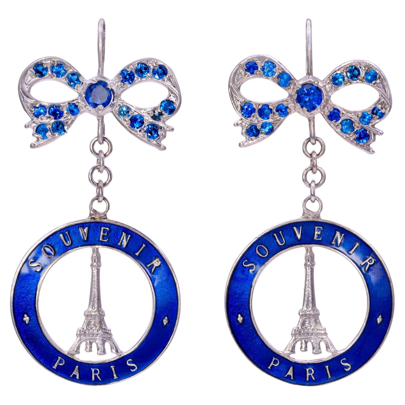 Souvenir de Paris Earrings with Blue Swarovski Crystal bows For Sale