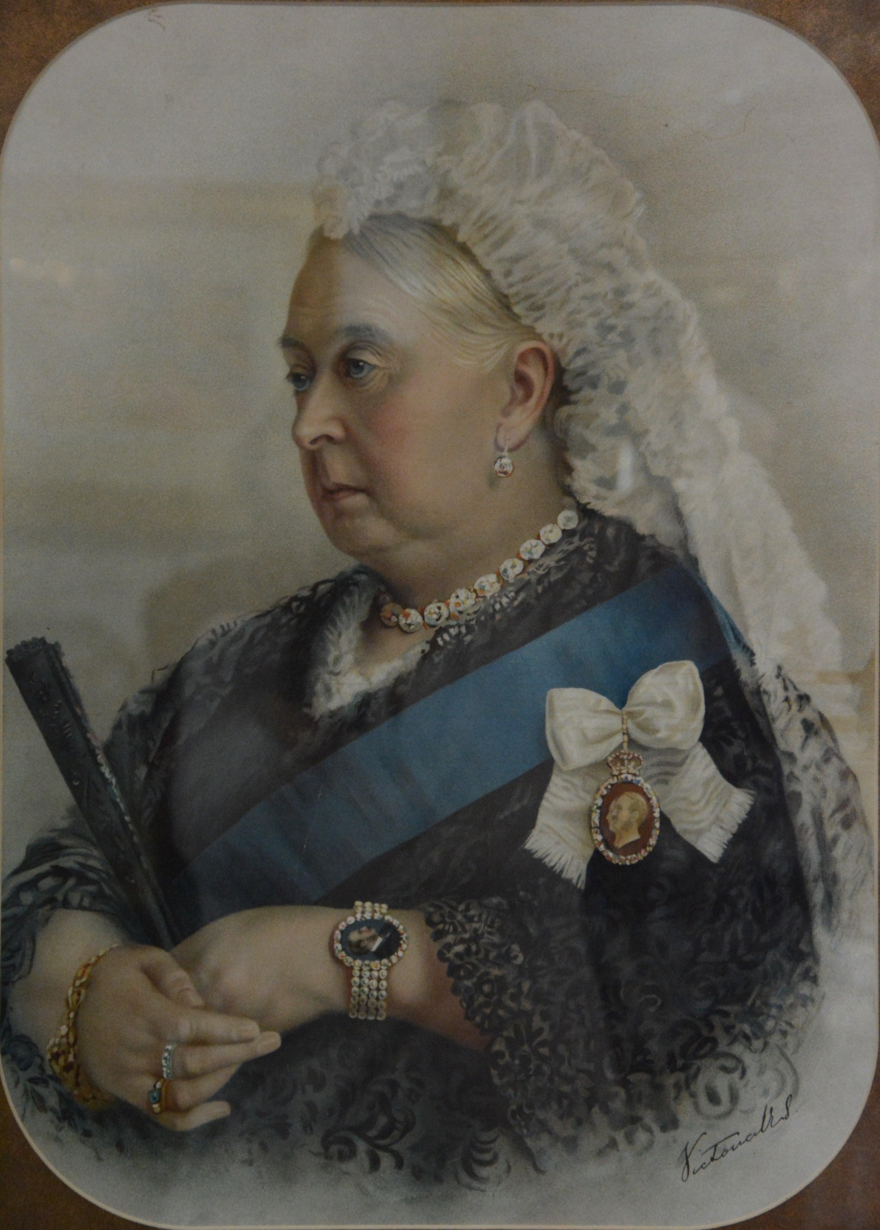 Up for your consideration is a beautiful image of Queen Victoria with a white veil, diamond necklace and pearl bracelet along with her blue sash. The lithograph is matted and framed in an ornate gilt frame. It is covered in glazed glass. The actual