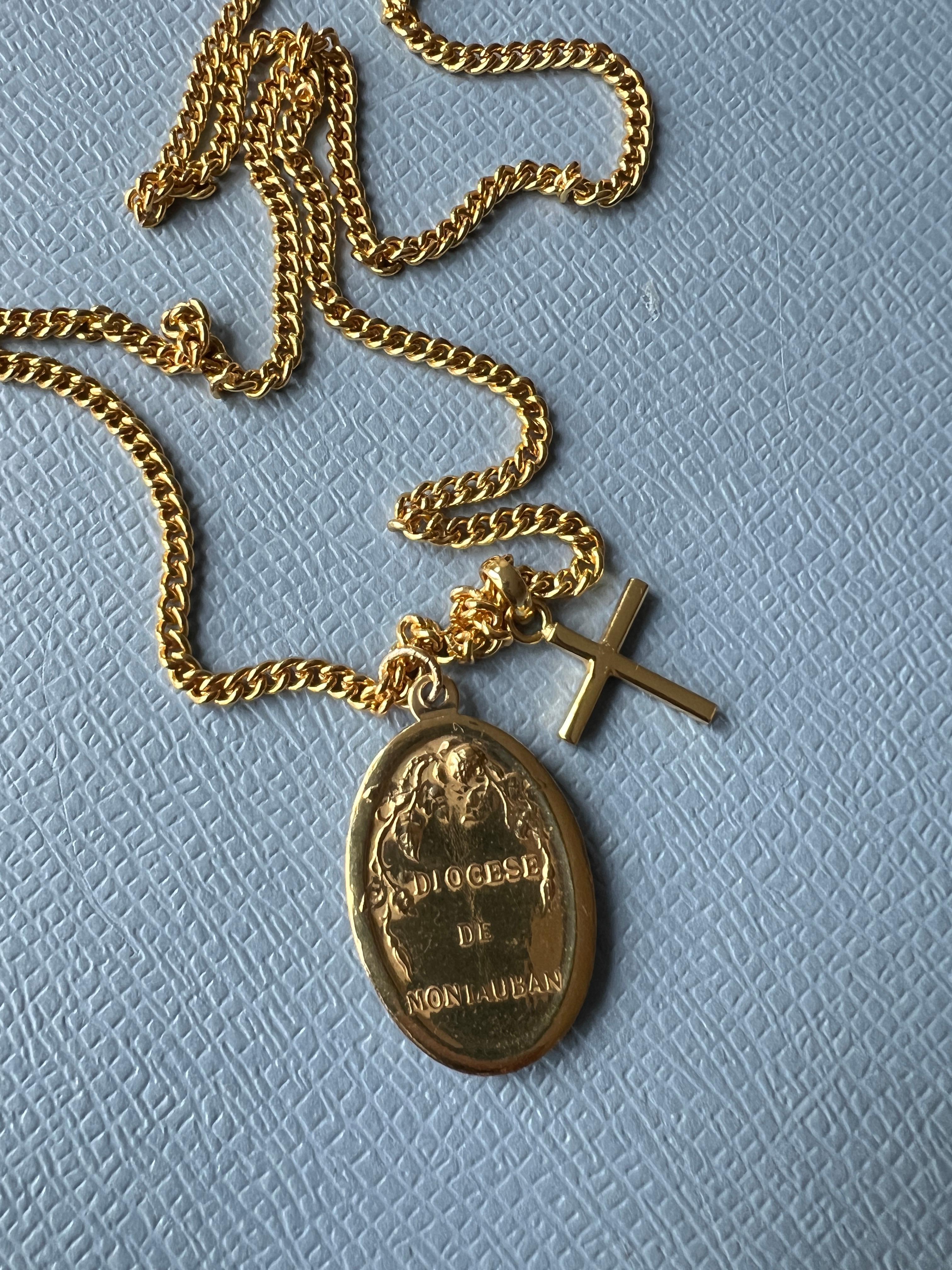 Souvenir Vintage Französische Medaille Kreuz Chunky Kette Halskette Silber vergoldet 5