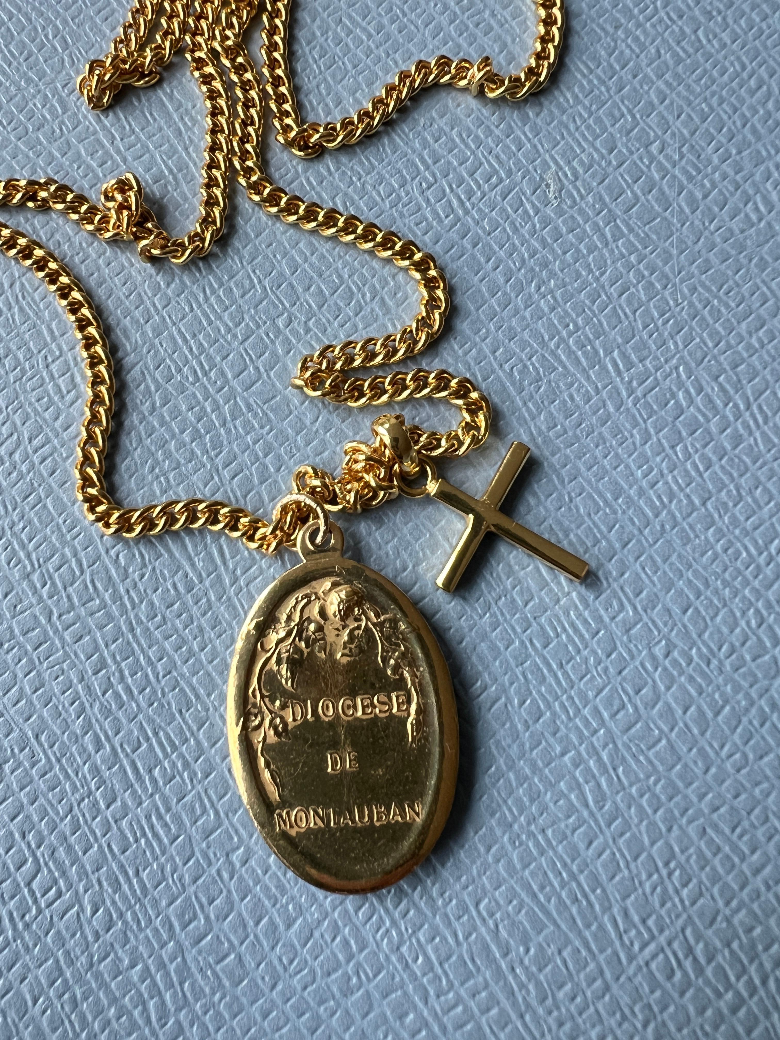 Souvenir Vintage Französische Medaille Kreuz Chunky Kette Halskette Silber vergoldet 6