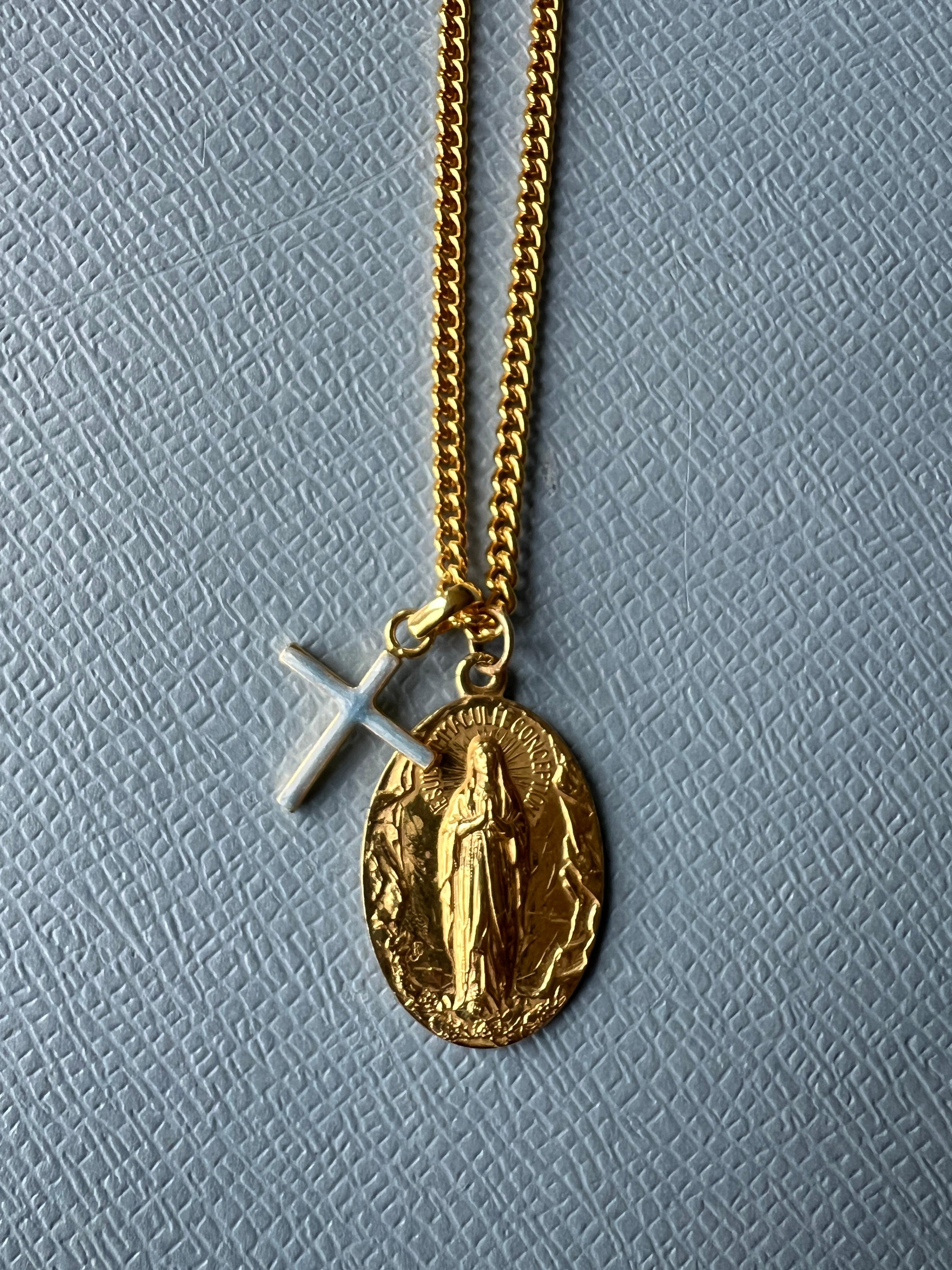 Souvenir Vintage Französische Medaille Kreuz Chunky Kette Halskette Silber vergoldet für Damen oder Herren