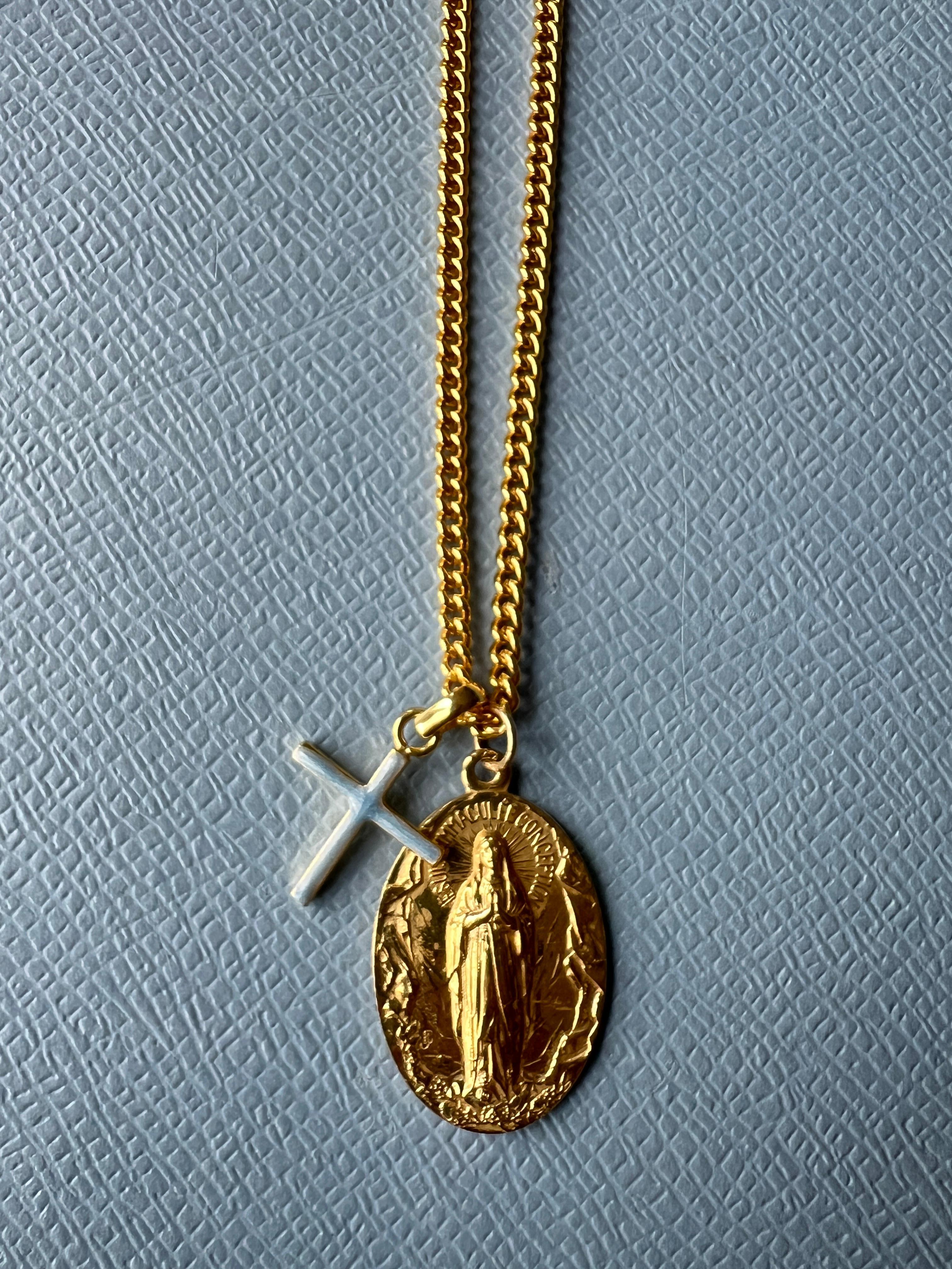 Souvenir Vintage Französische Medaille Kreuz Chunky Kette Halskette Silber vergoldet 1