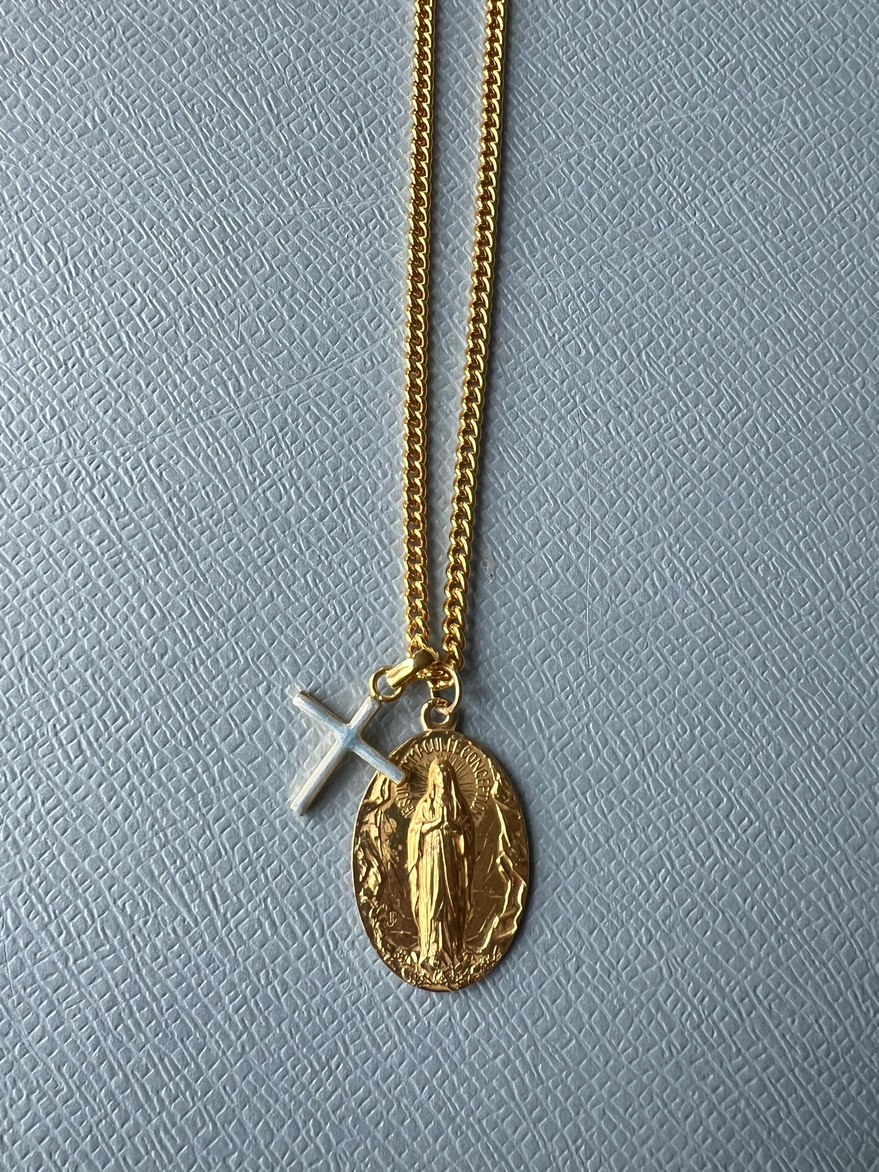 Souvenir Vintage Französische Medaille Kreuz Chunky Kette Halskette Silber vergoldet 2