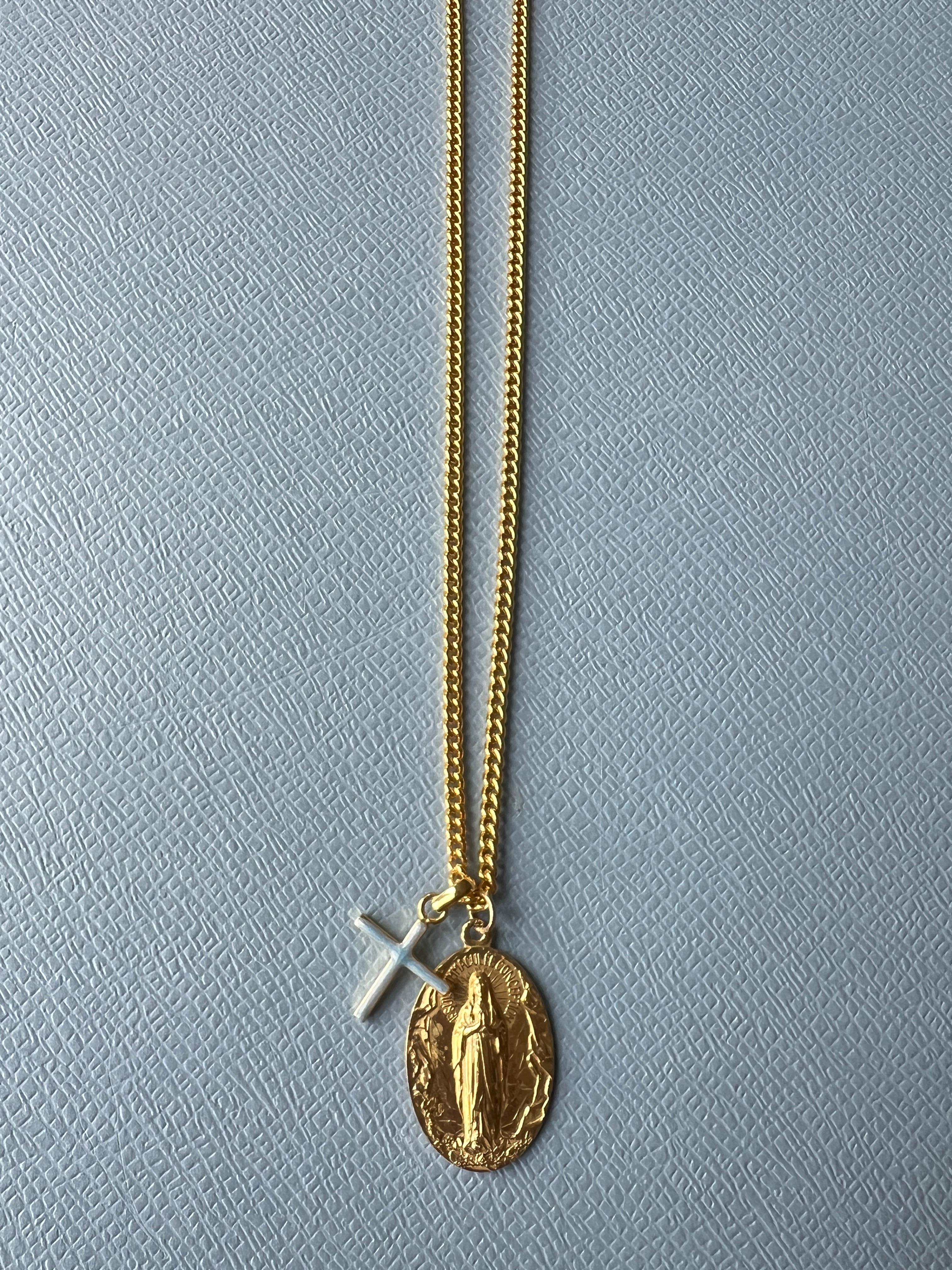 Souvenir Vintage Französische Medaille Kreuz Chunky Kette Halskette Silber vergoldet 3
