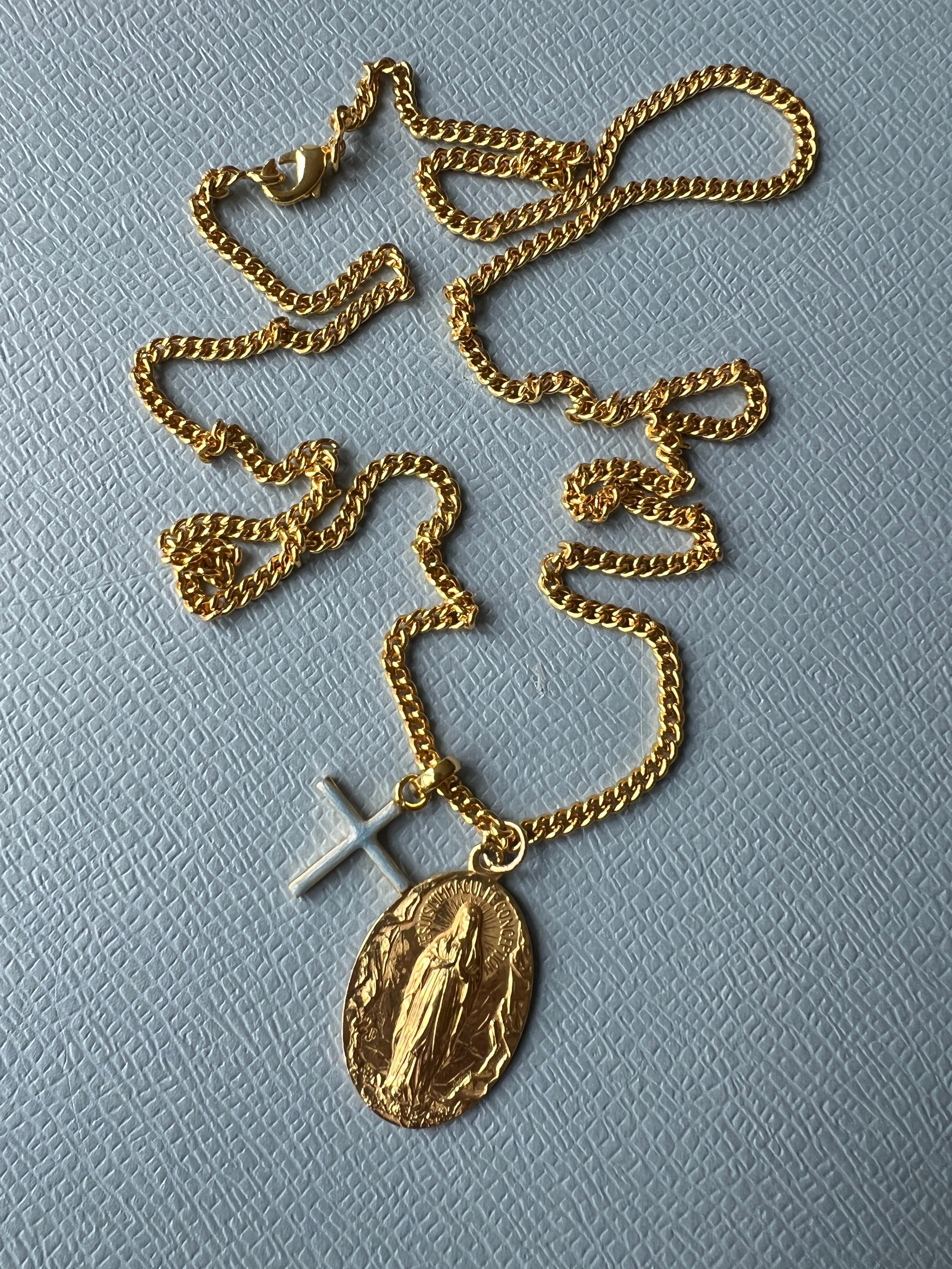 Souvenir Vintage Französische Medaille Kreuz Chunky Kette Halskette Silber vergoldet 4