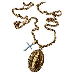 Souvenir Vintage Medalla Francesa Cruz Cadena Gruesa Collar Plateado Dorado