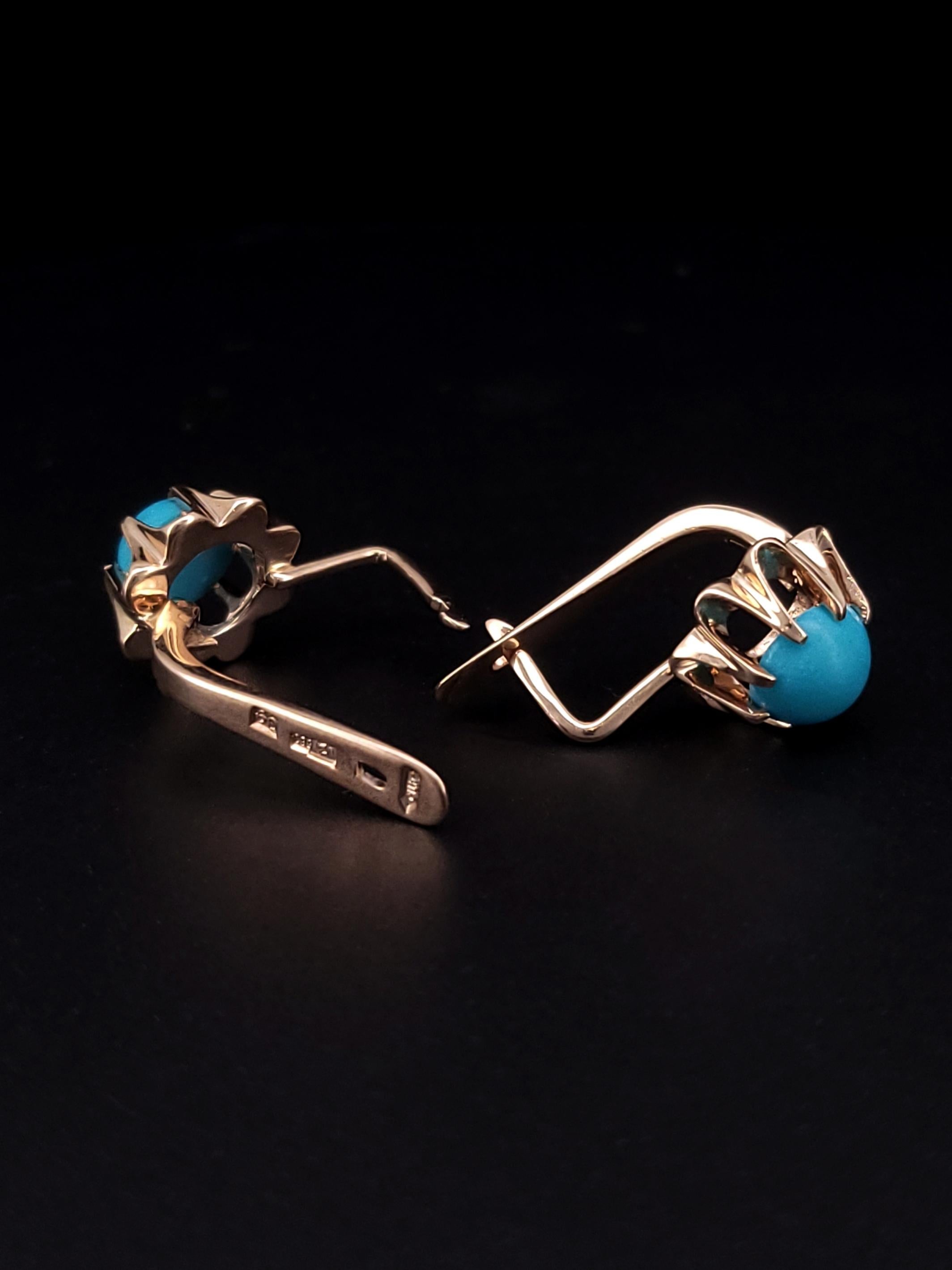 Women's Soviet 14k Gold Turquoise Flower Earrings For Sale